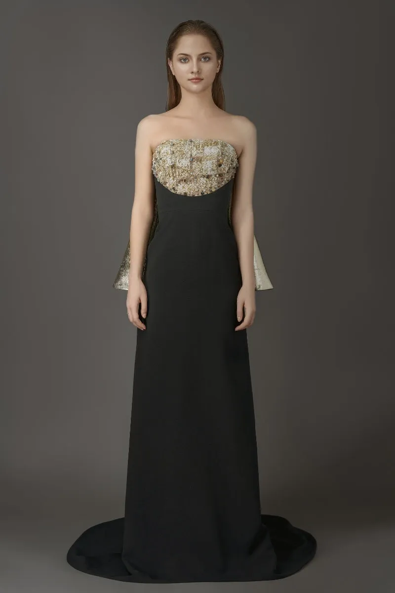 BLACK MAXI DRESS WITH CRYSTAL EMBROIDERED AND GOLD DETACHABLE CAPE