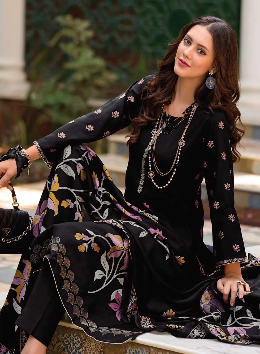 Black Pure Muslin Printed Unstitched Suit Dress Material with Embroidery