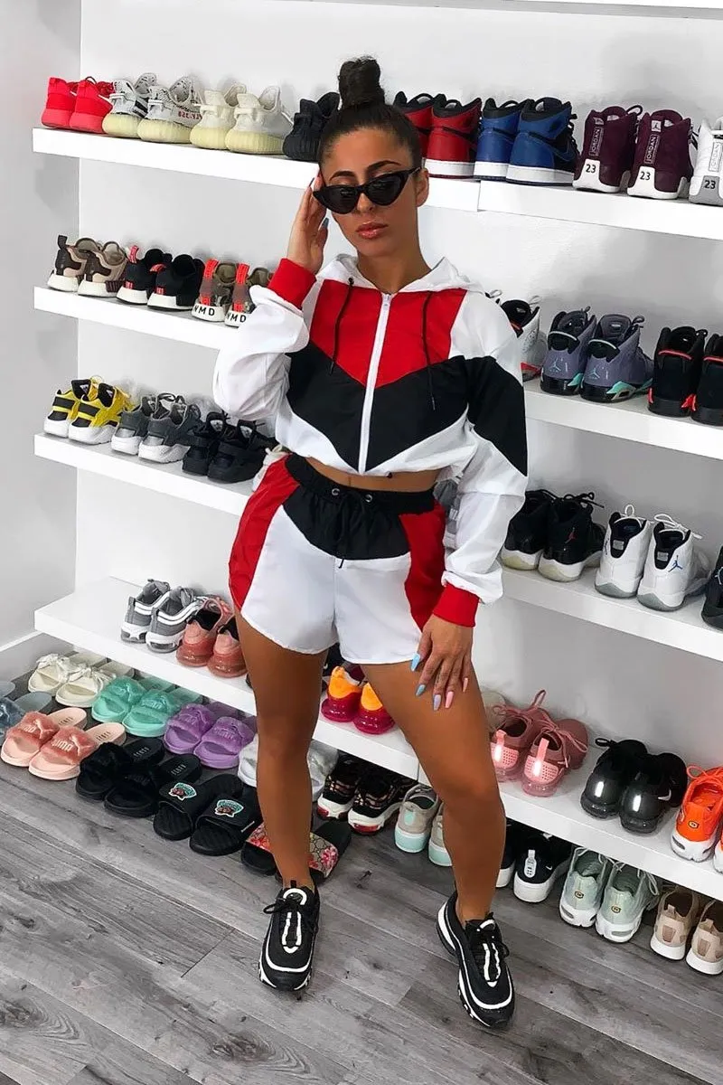 Black Red Colour Block Hooded Jacket Shorts Tracksuit Co-ord - Jettie