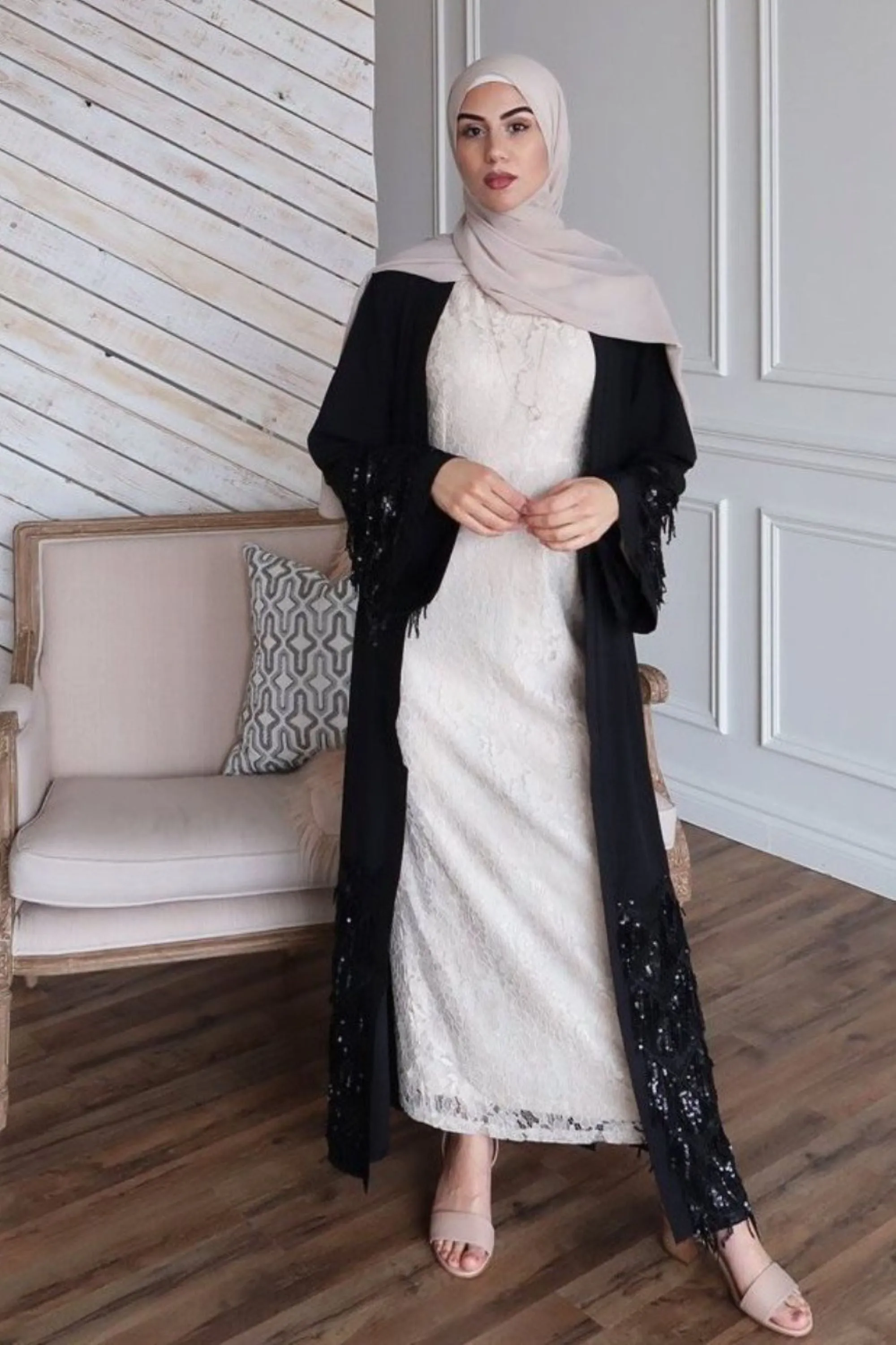 Black Sequin Fringe Open Front Abaya-CLEARANCE