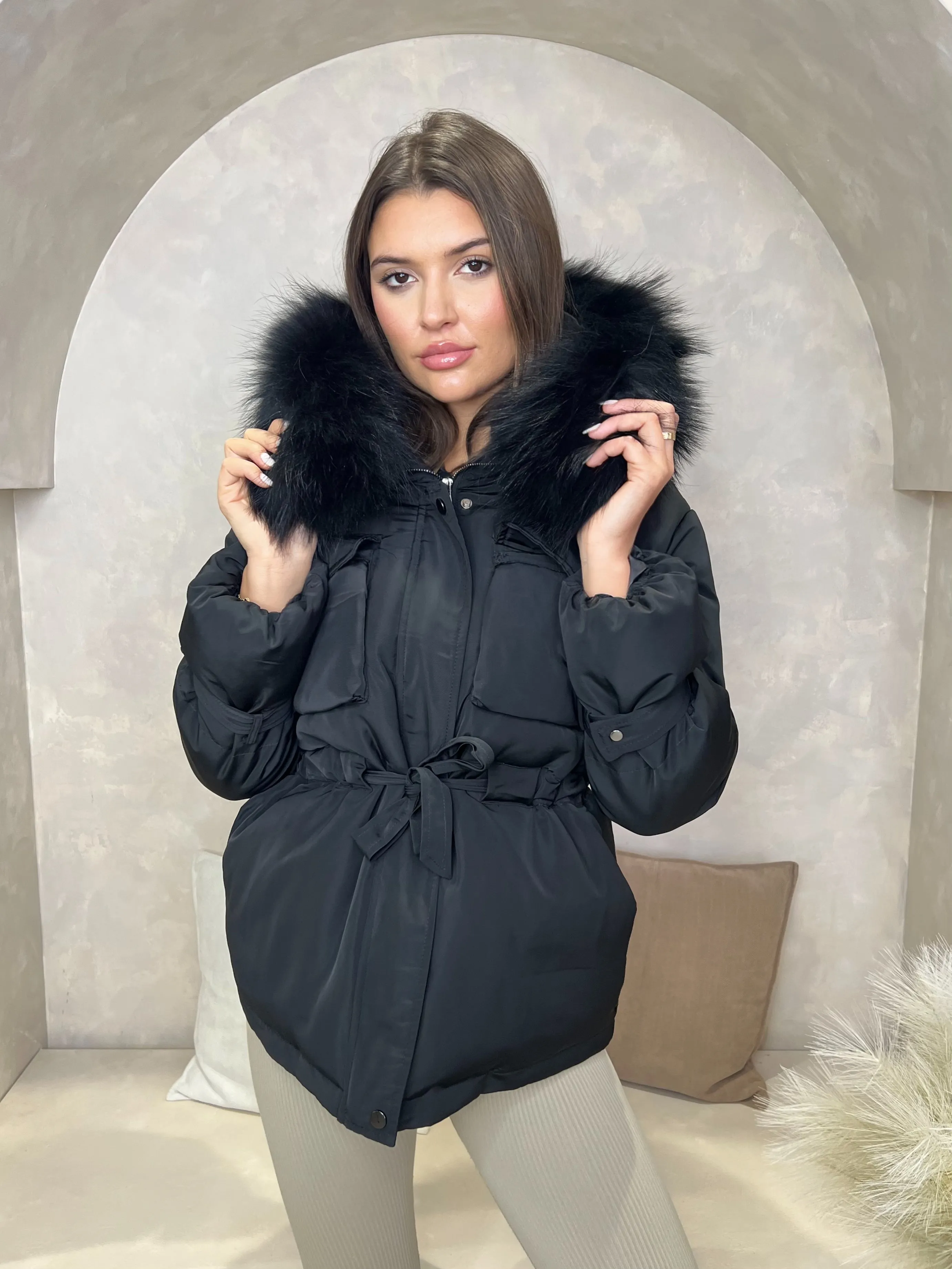 Black/Black Fur Drawstring Luxury Fur Padded Belted Coat