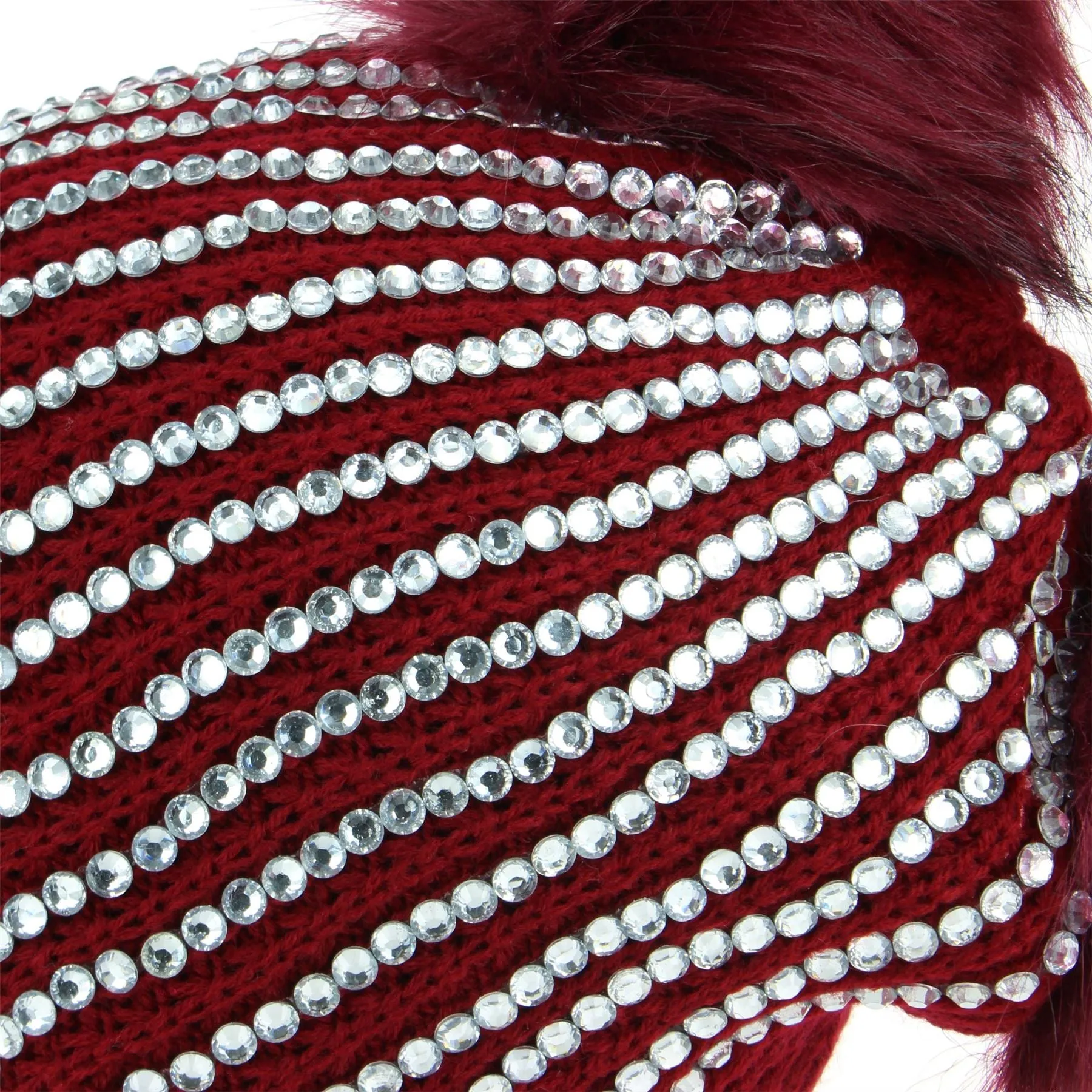 Bling Diamante Studded Chunky Knit Beanie Hat with Two Bobbles - Red