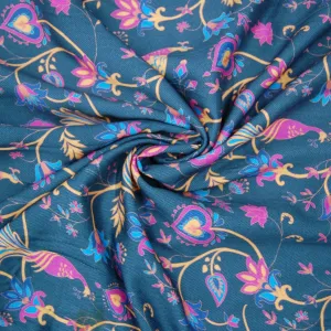 Blue Floral & Peacock Print Viscose Fabric