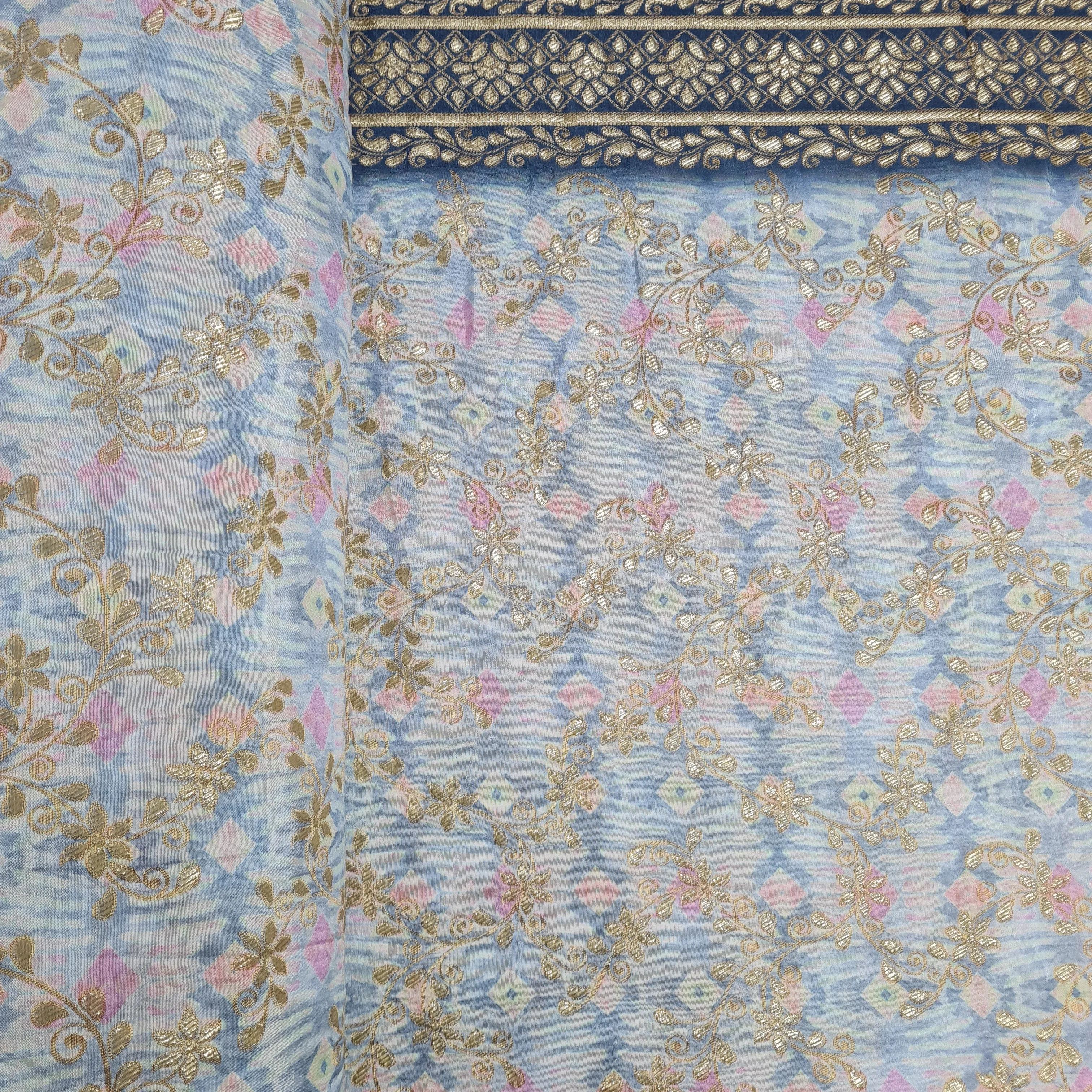 Blue Geomaterical Print Gold Zari Dola Silk Jacquard Fabric