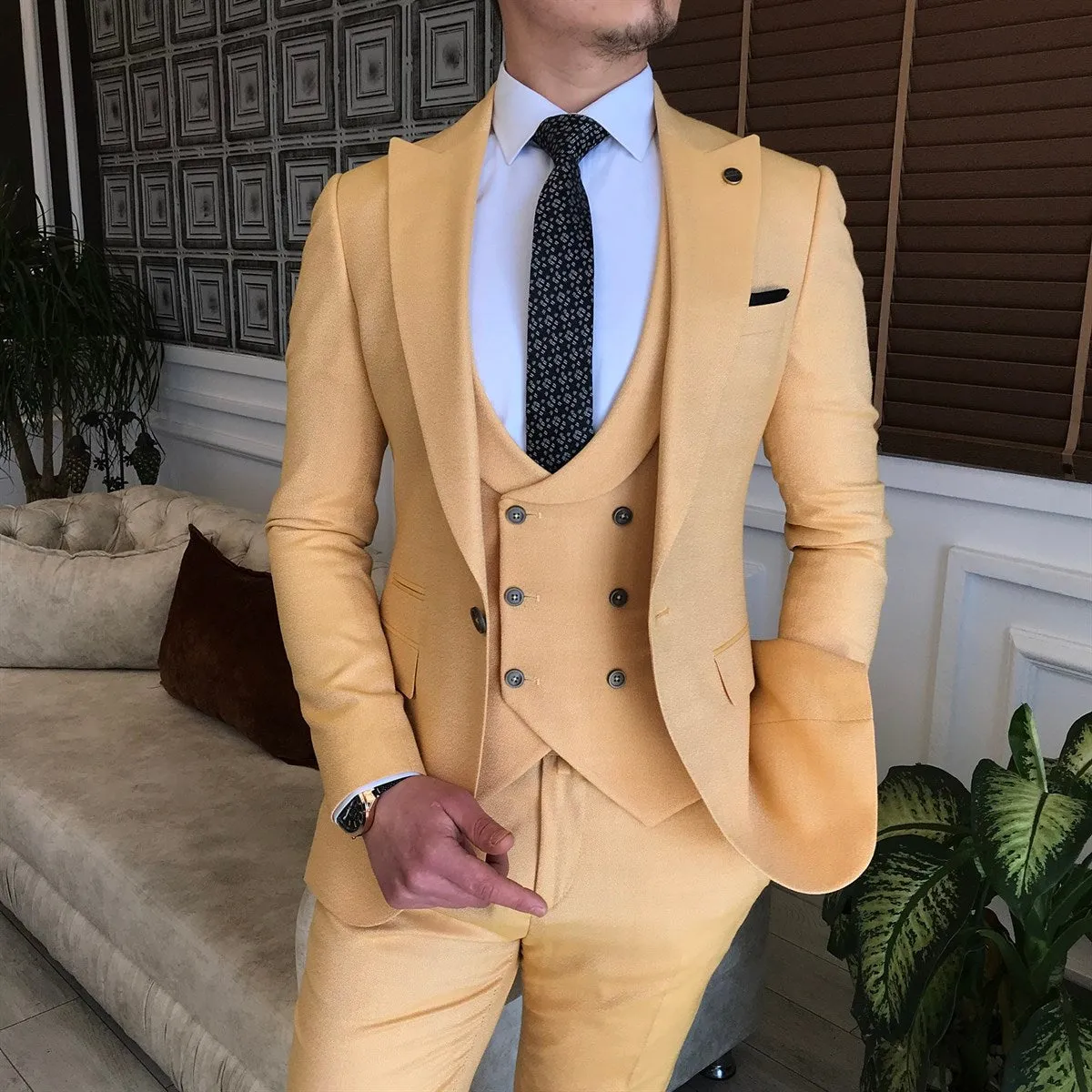 Bojoni Yellow Slim-Fit Suit 3-Piece