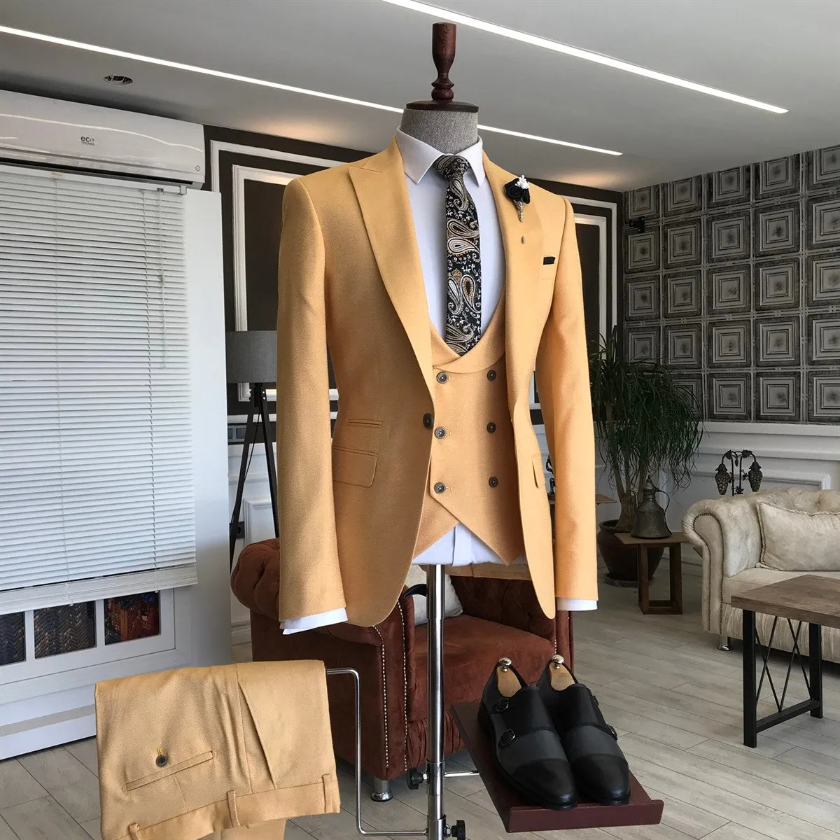 Bojoni Yellow Slim-Fit Suit 3-Piece