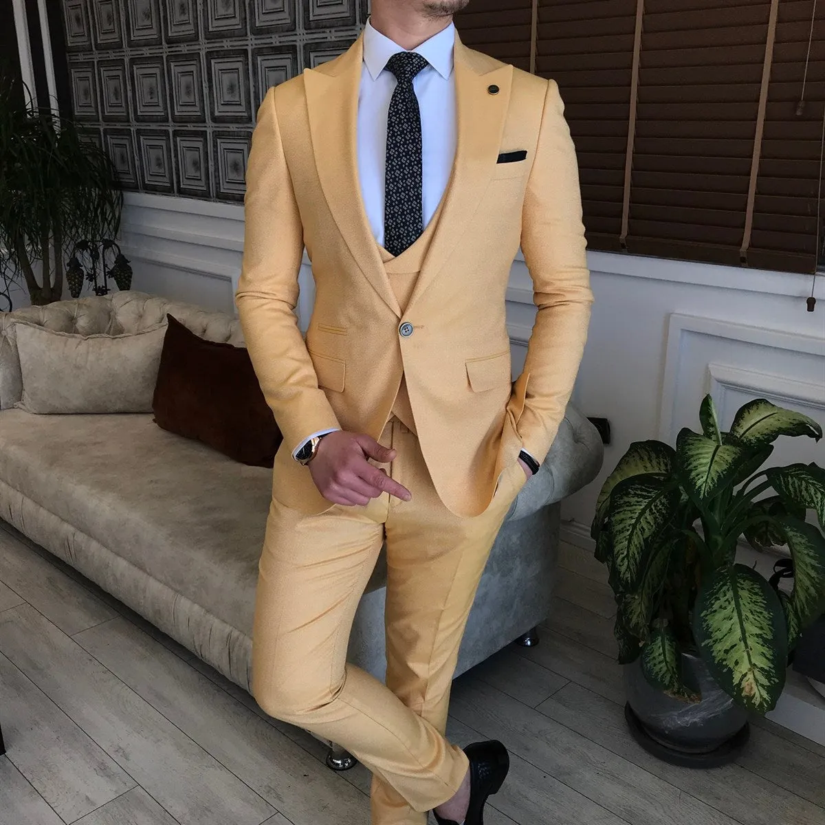 Bojoni Yellow Slim-Fit Suit 3-Piece