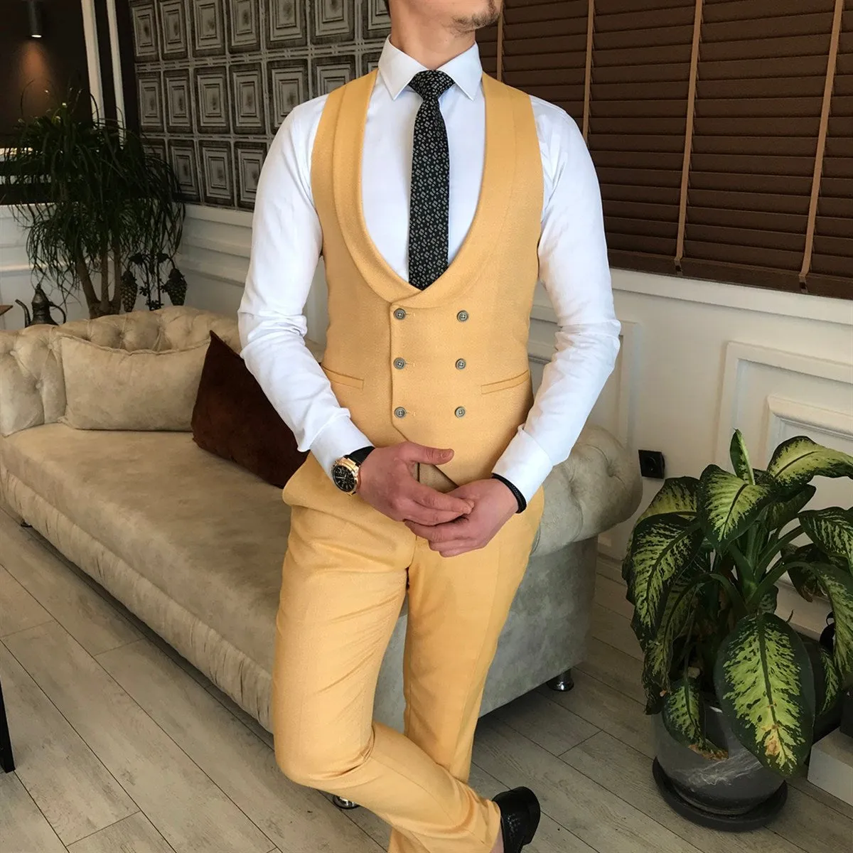 Bojoni Yellow Slim-Fit Suit 3-Piece