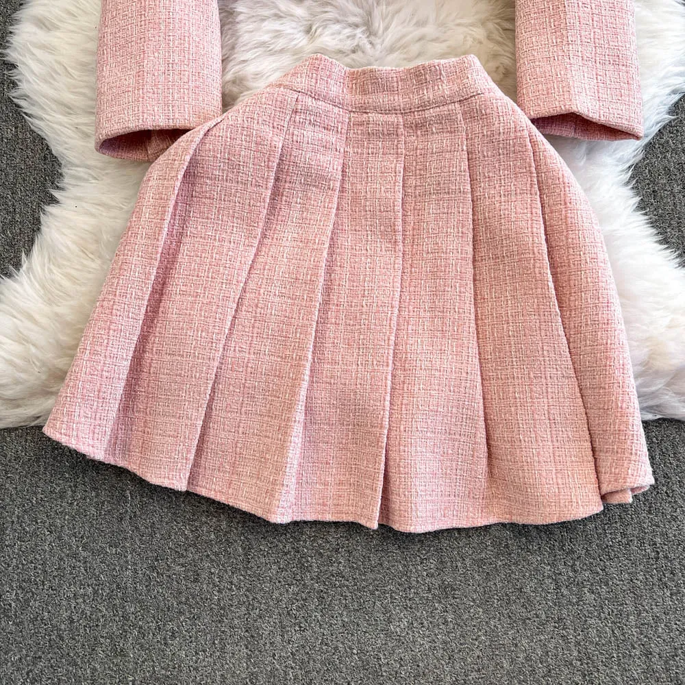 Bow Blazer&Pleated Skirt Tweed 2Pcs