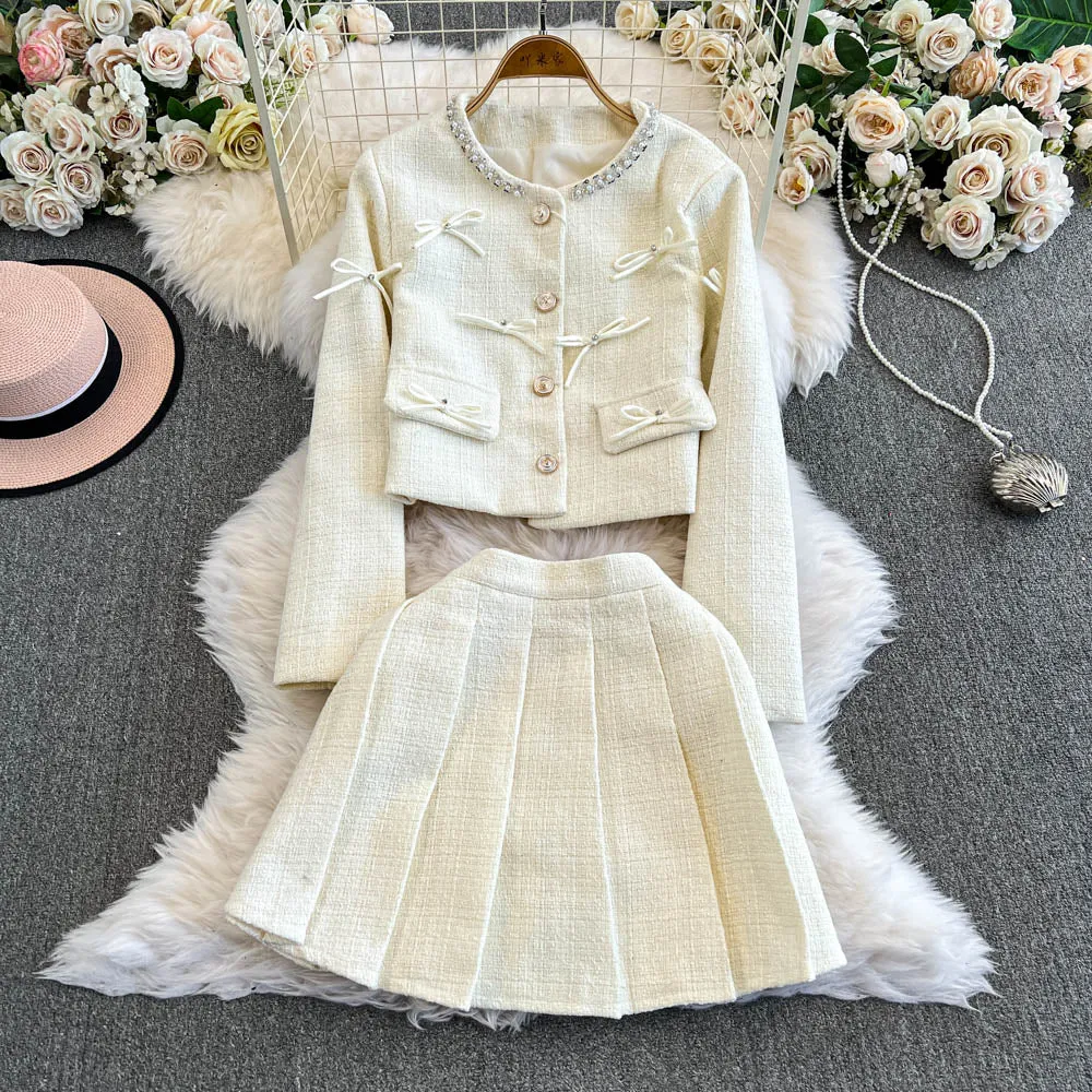 Bow Blazer&Pleated Skirt Tweed 2Pcs