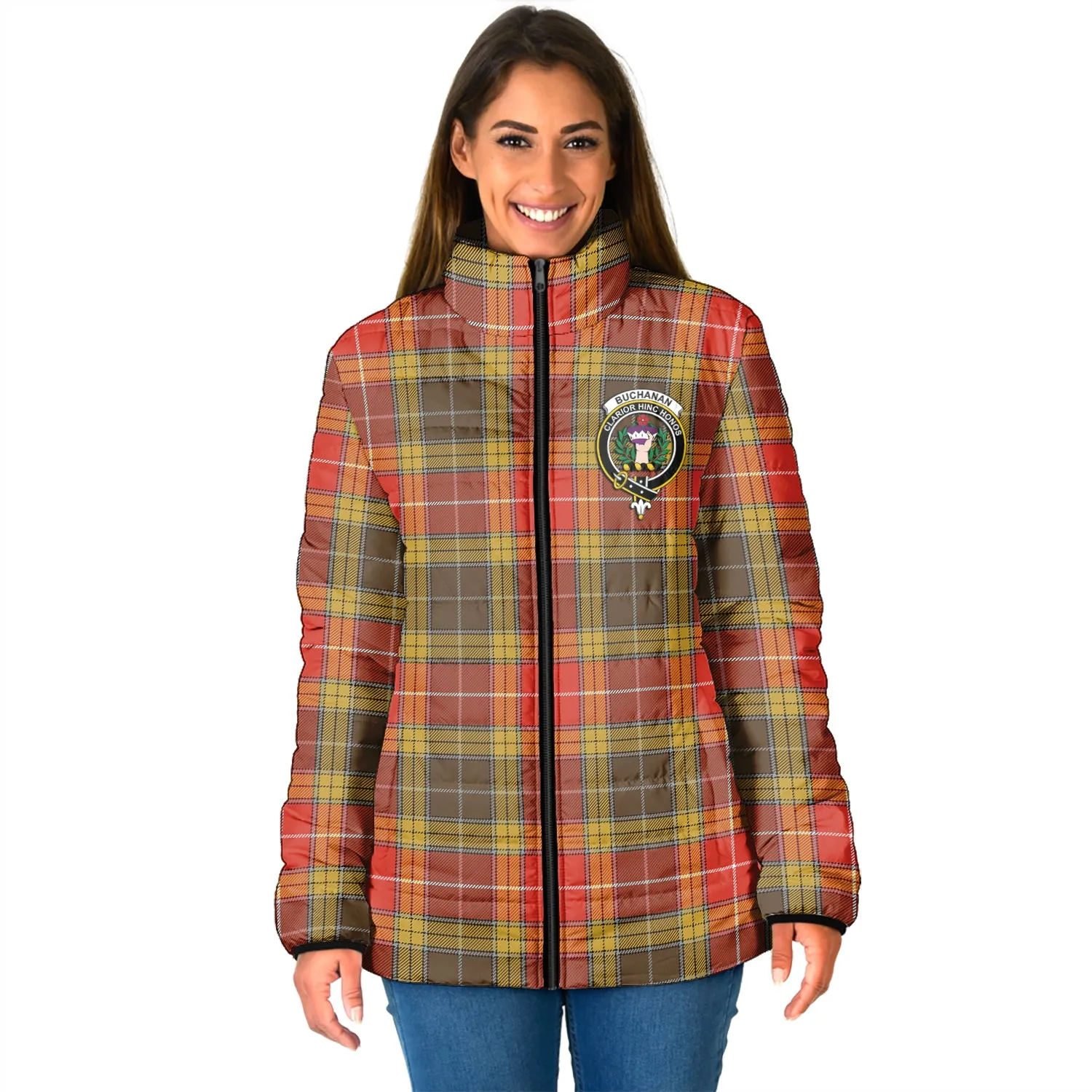 Buchanan Old Set Weathered Tartan Padded Jacket with Family Crest