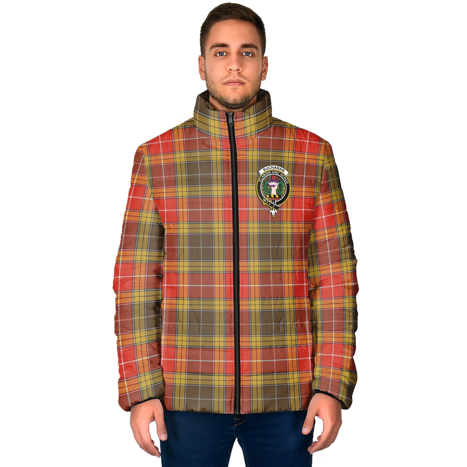 Buchanan Old Set Weathered Tartan Padded Jacket with Family Crest