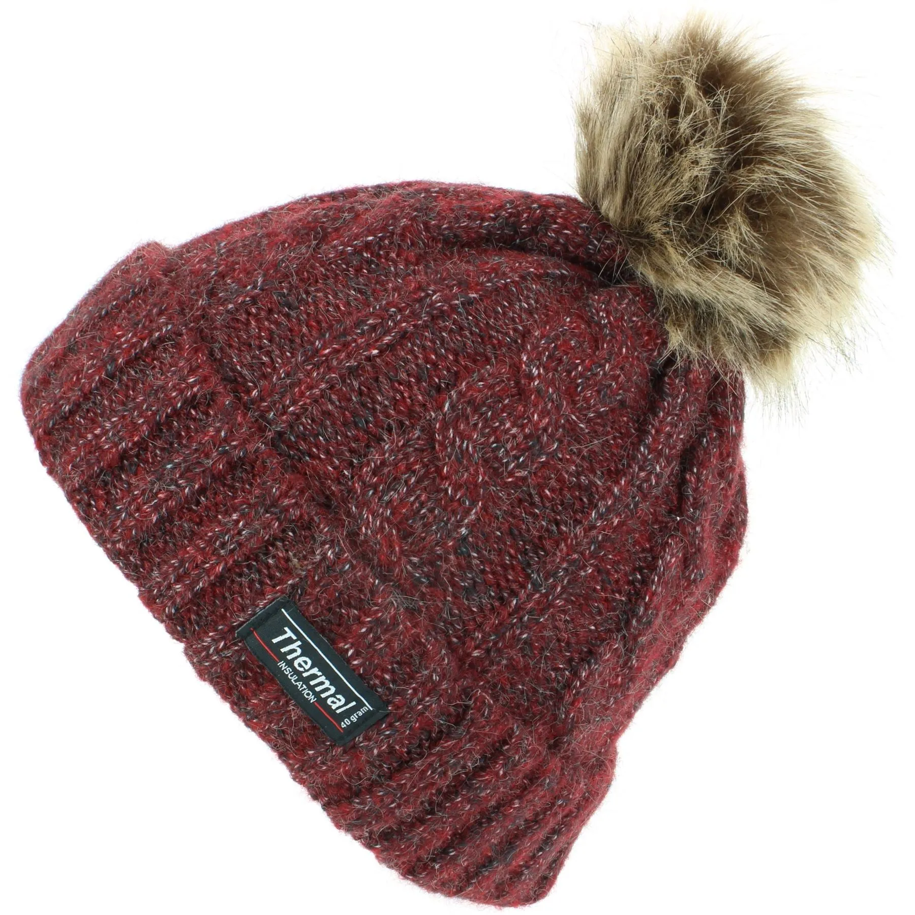 Cable Knit Beanie Hat with Thermal Lining and Faux Fur Bobble - Red