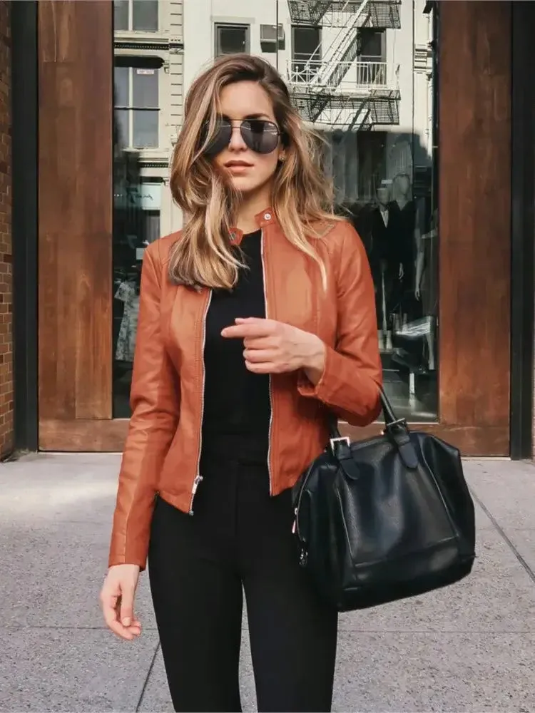 Chic Lady Slim Fit Faux Leather Jacket Women Classic Moto Biker PU