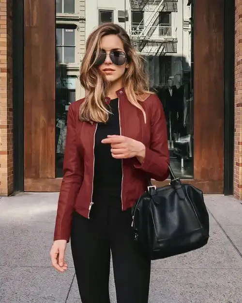 Chic Lady Slim Fit Faux Leather Jacket Women Classic Moto Biker PU