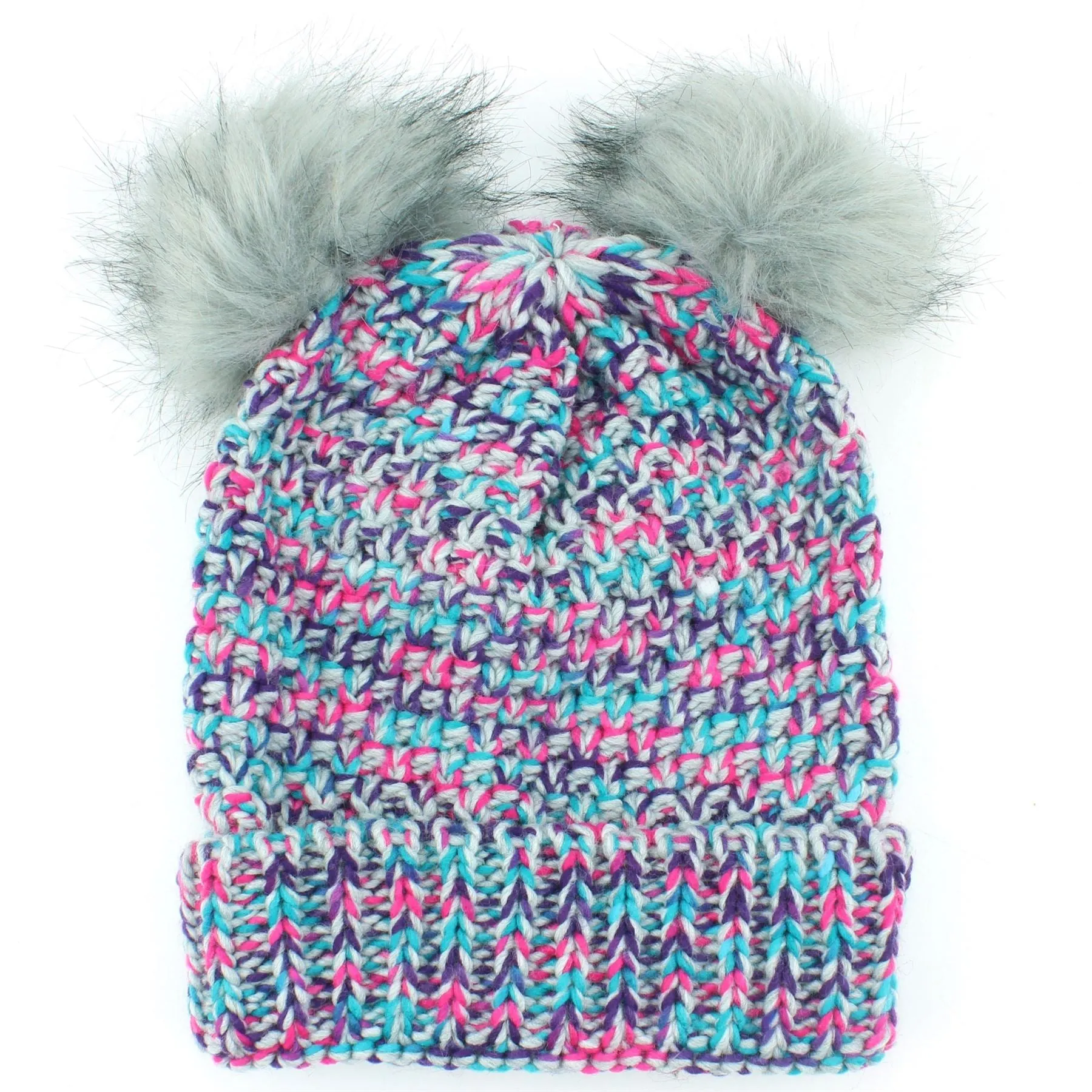 Childrens Chunky Knit Multicoloured Beanie Bobble Hat - Grey