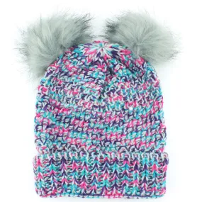 Childrens Chunky Knit Multicoloured Beanie Bobble Hat - Grey