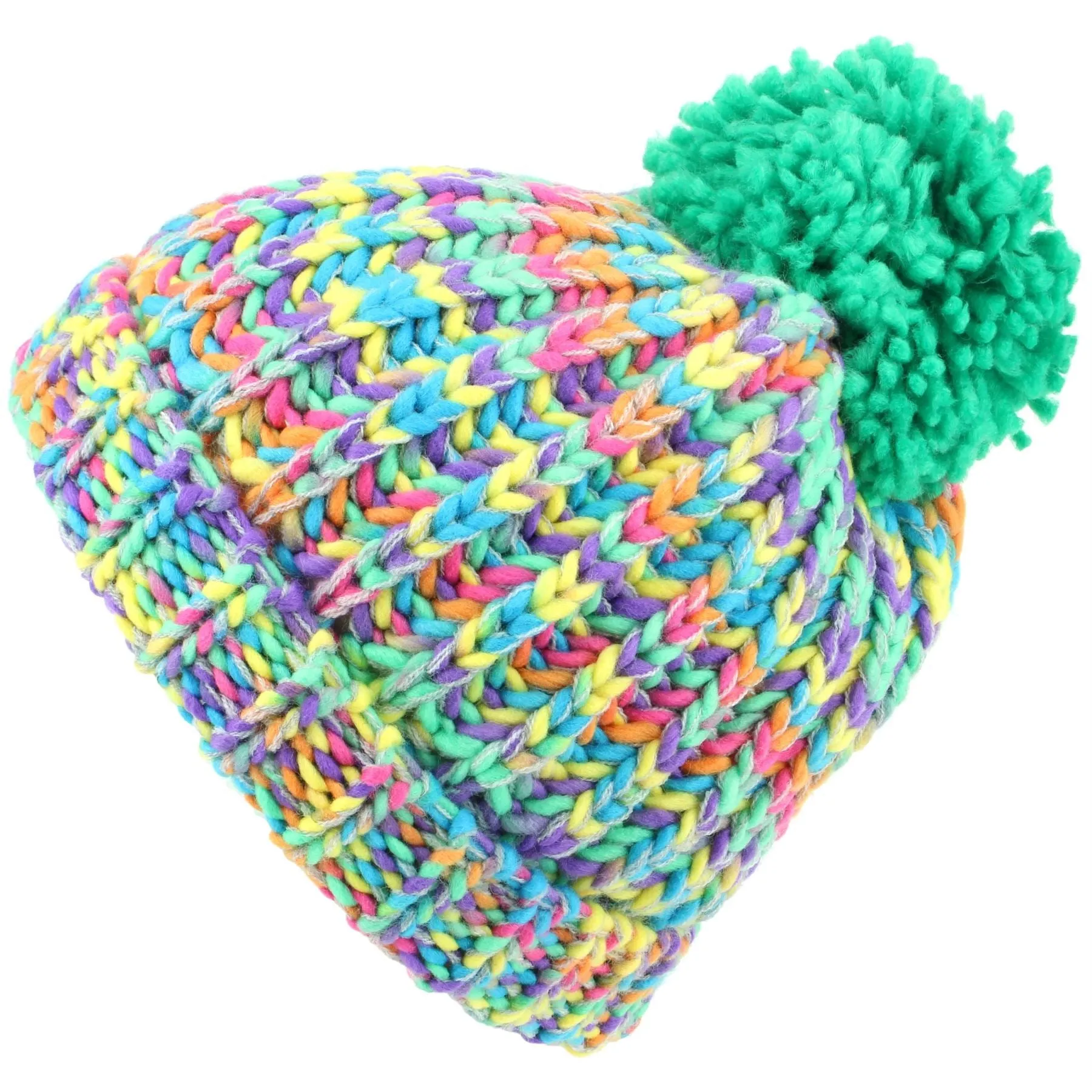 Children's Chunky Rainbow Knit Bobble Beanie Hat - Green Bobble