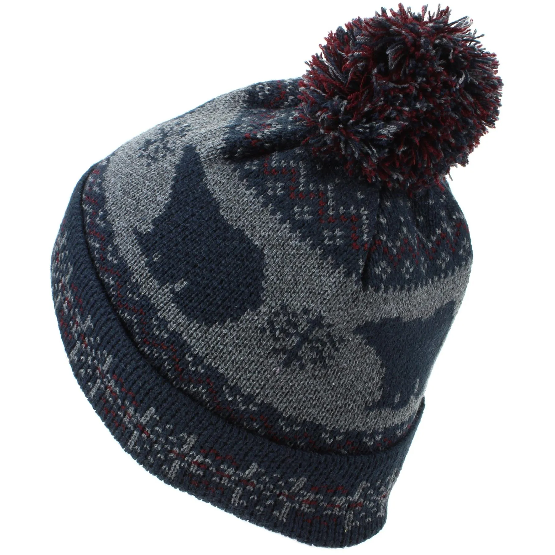 Childrens Fine Knit Bobble Beanie Hat with Polar Bear Print - Navy & Maroon