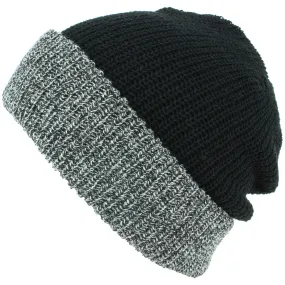 Chunky Double Knit Beanie Hat with Contrast Marl Turn-up - Black