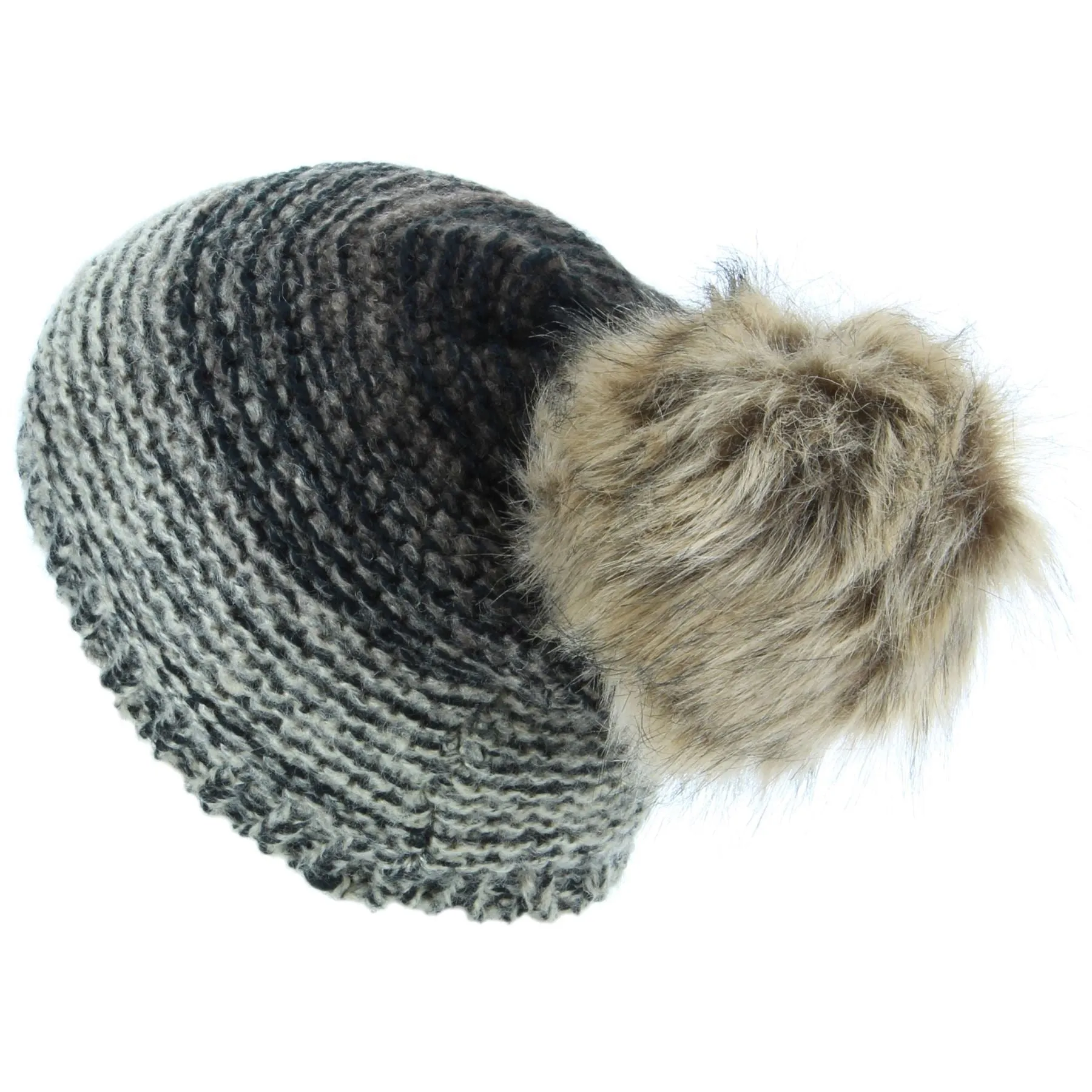 Chunky Knit 2-Tone Slouch Beanie Hat with Faux Fur Bobble - Brown