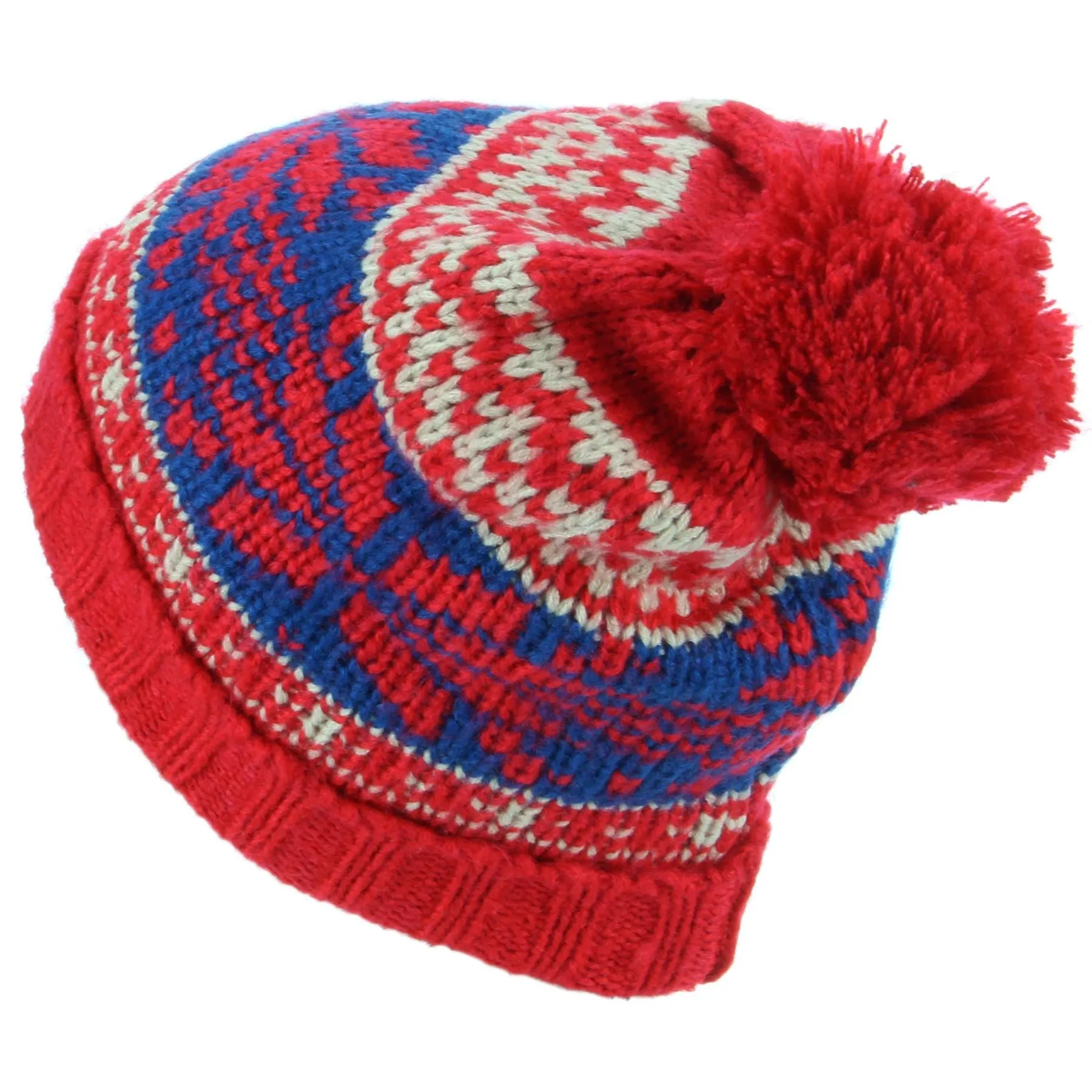 Chunky Knit Slouch Beanie Bobble Hat with Fairisle Pattern - Red