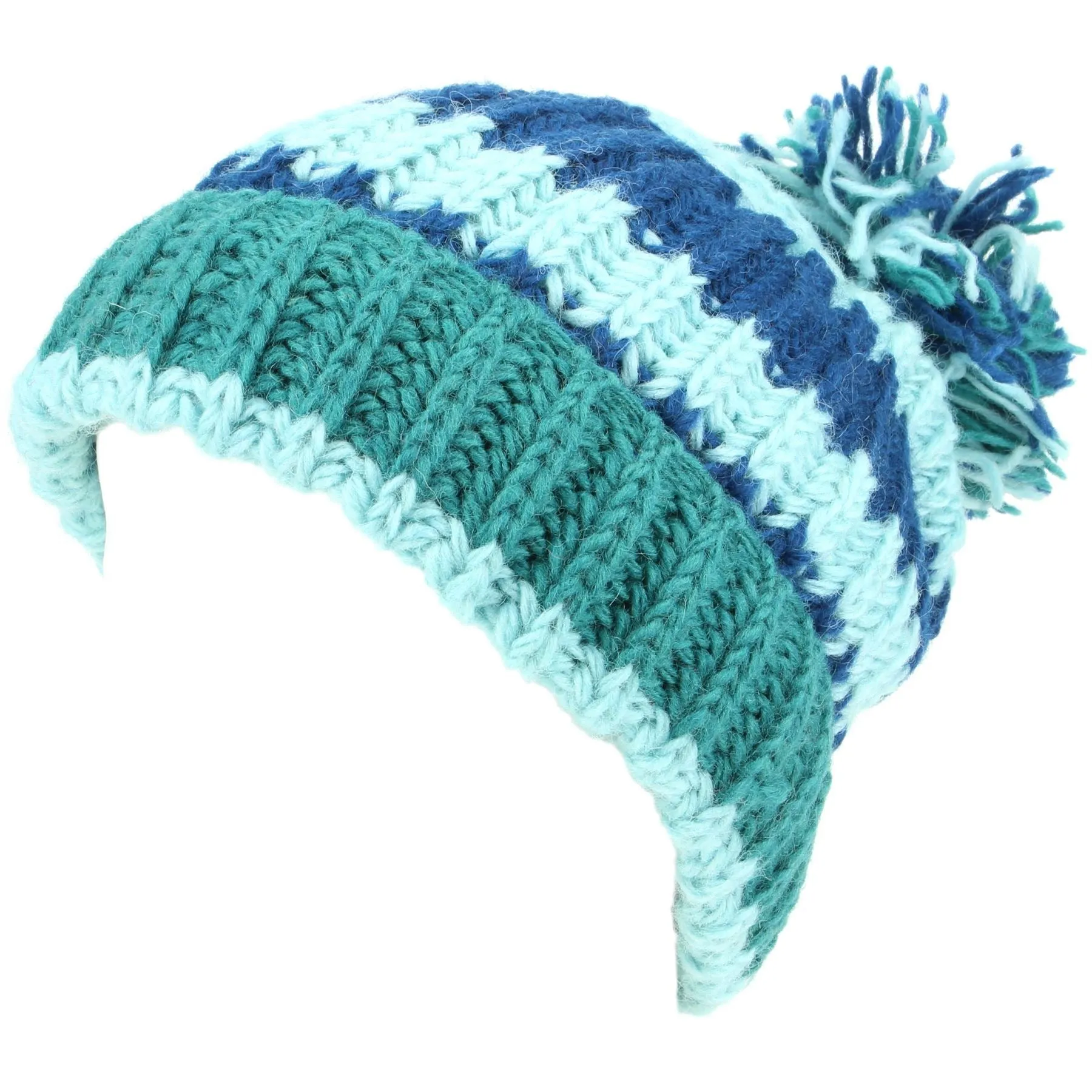 Chunky Wool Knit Baggy Slouch Striped Beanie Bobble Hat - Blue