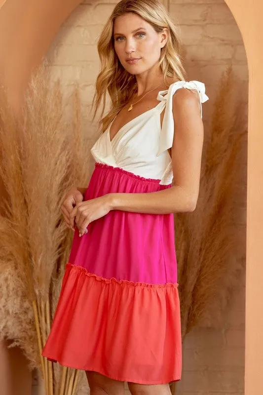 Color Block Tiered Babydoll Dress in Hot Pink FINAL SALE