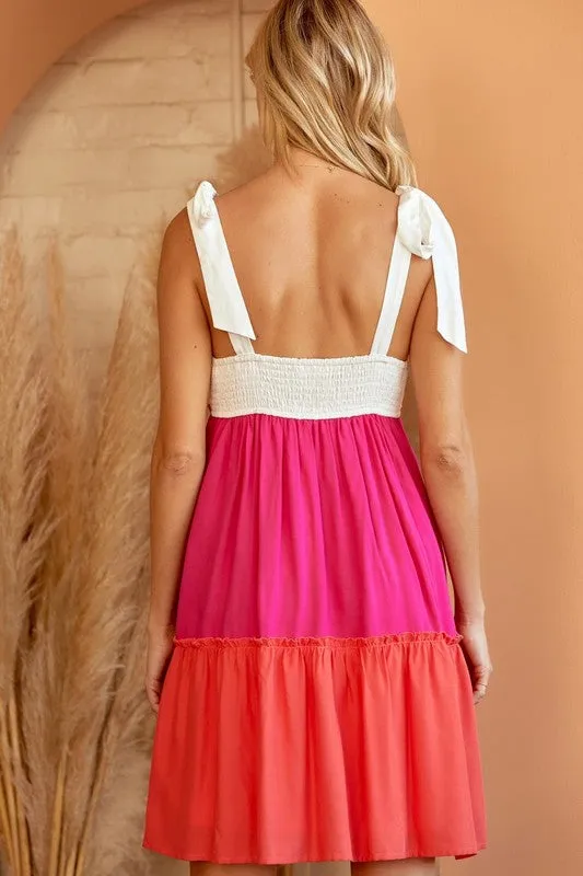 Color Block Tiered Babydoll Dress in Hot Pink FINAL SALE