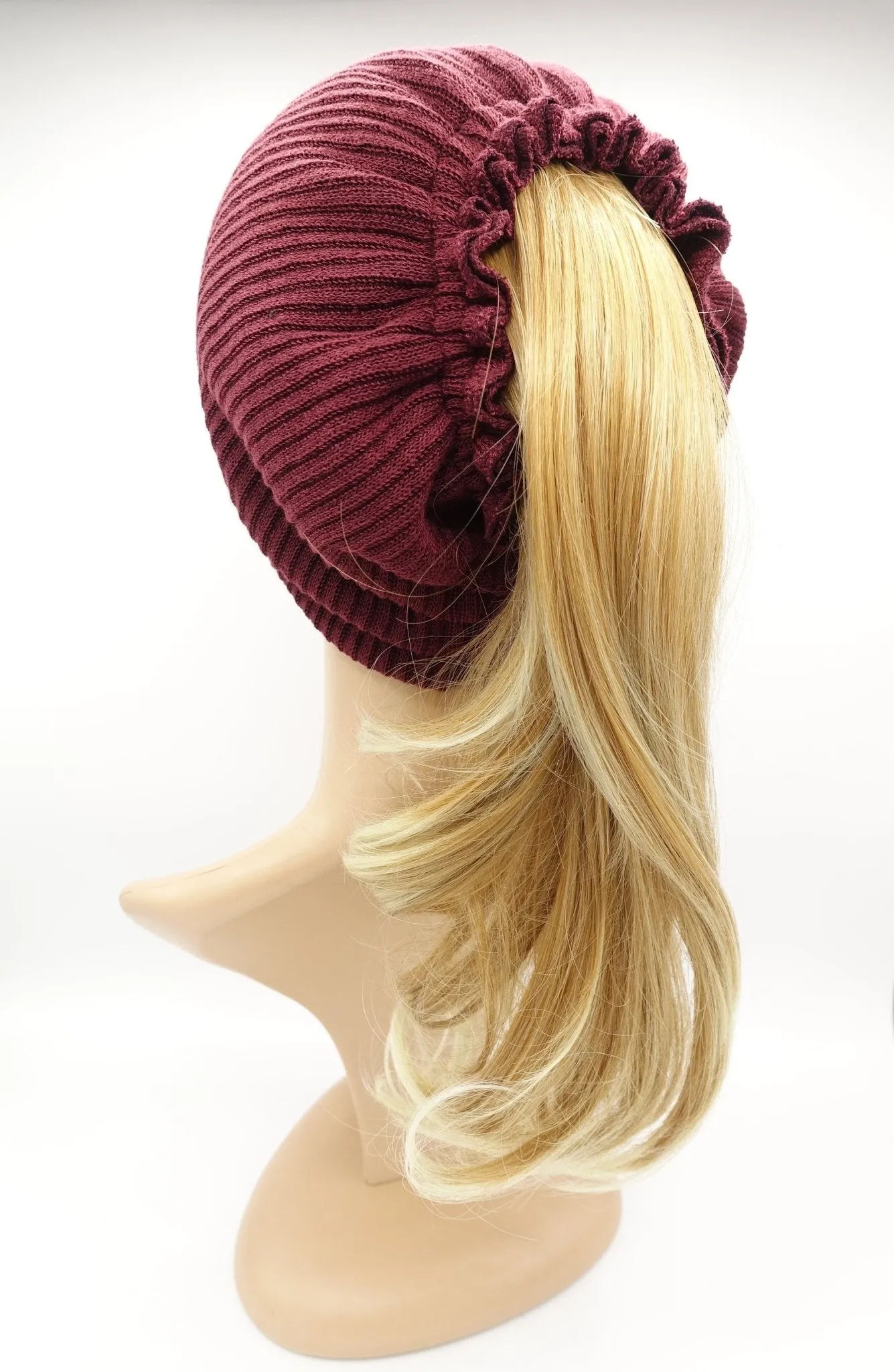 corrugated knit messy bun ponytail  hole beanie pleated style women hat