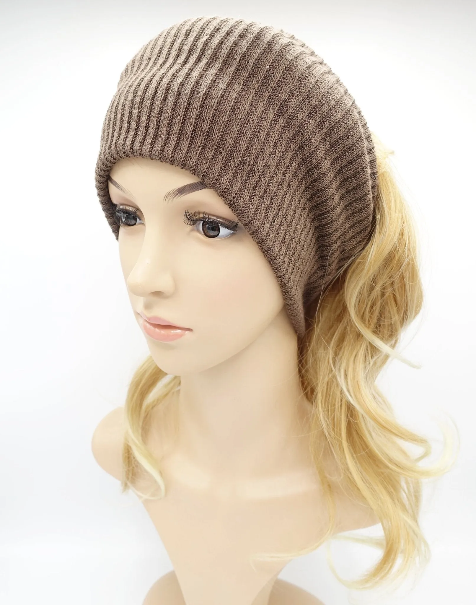 corrugated knit messy bun ponytail  hole beanie pleated style women hat