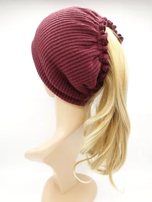 corrugated knit messy bun ponytail  hole beanie pleated style women hat