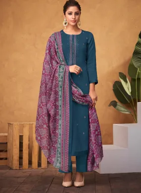 Cotton Satin Blue Unstitched Salwar Suit Dress Material for Ladies