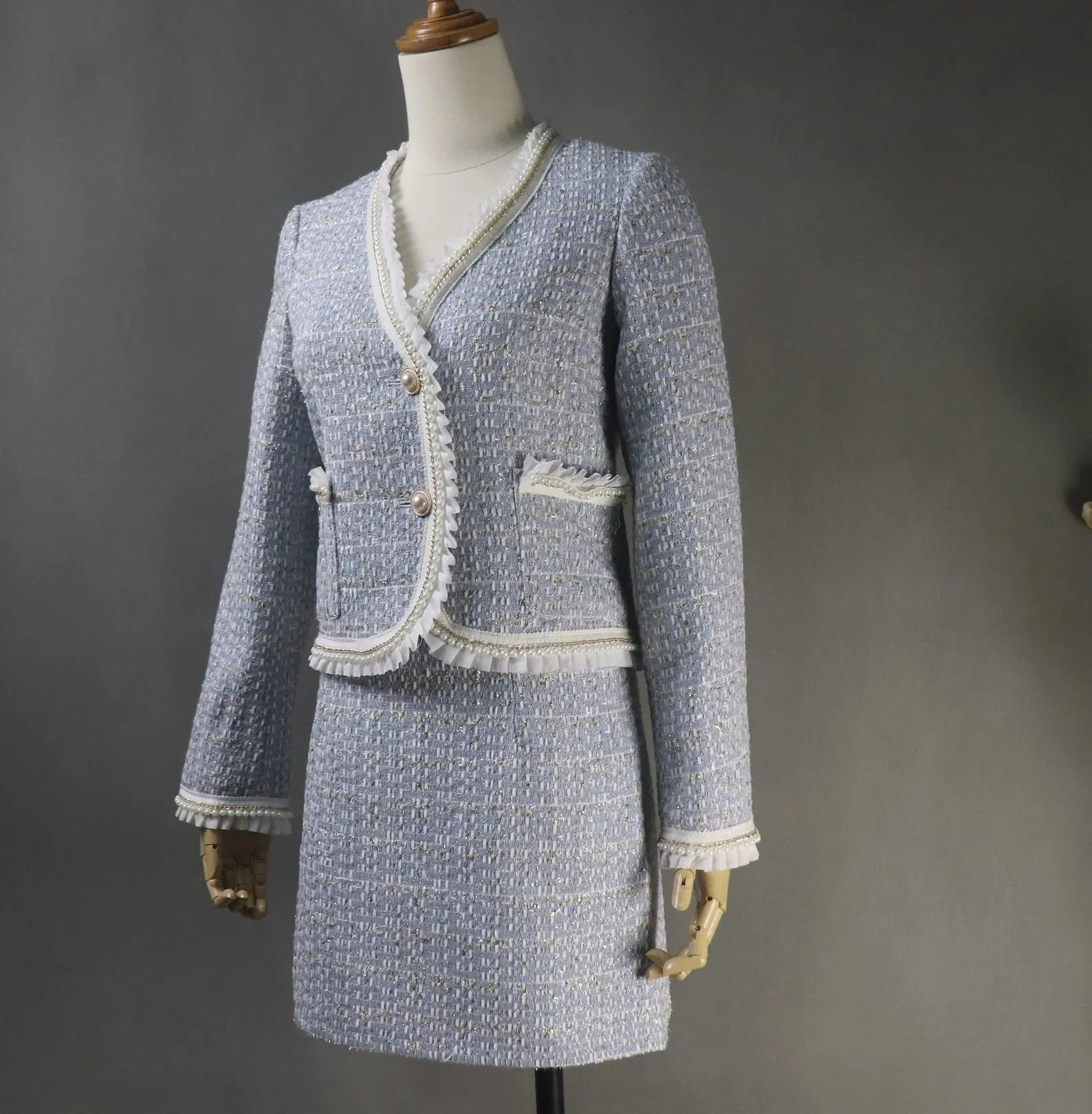 Custom Made Blue Tweed Suit with Pearl Ruffle Trim