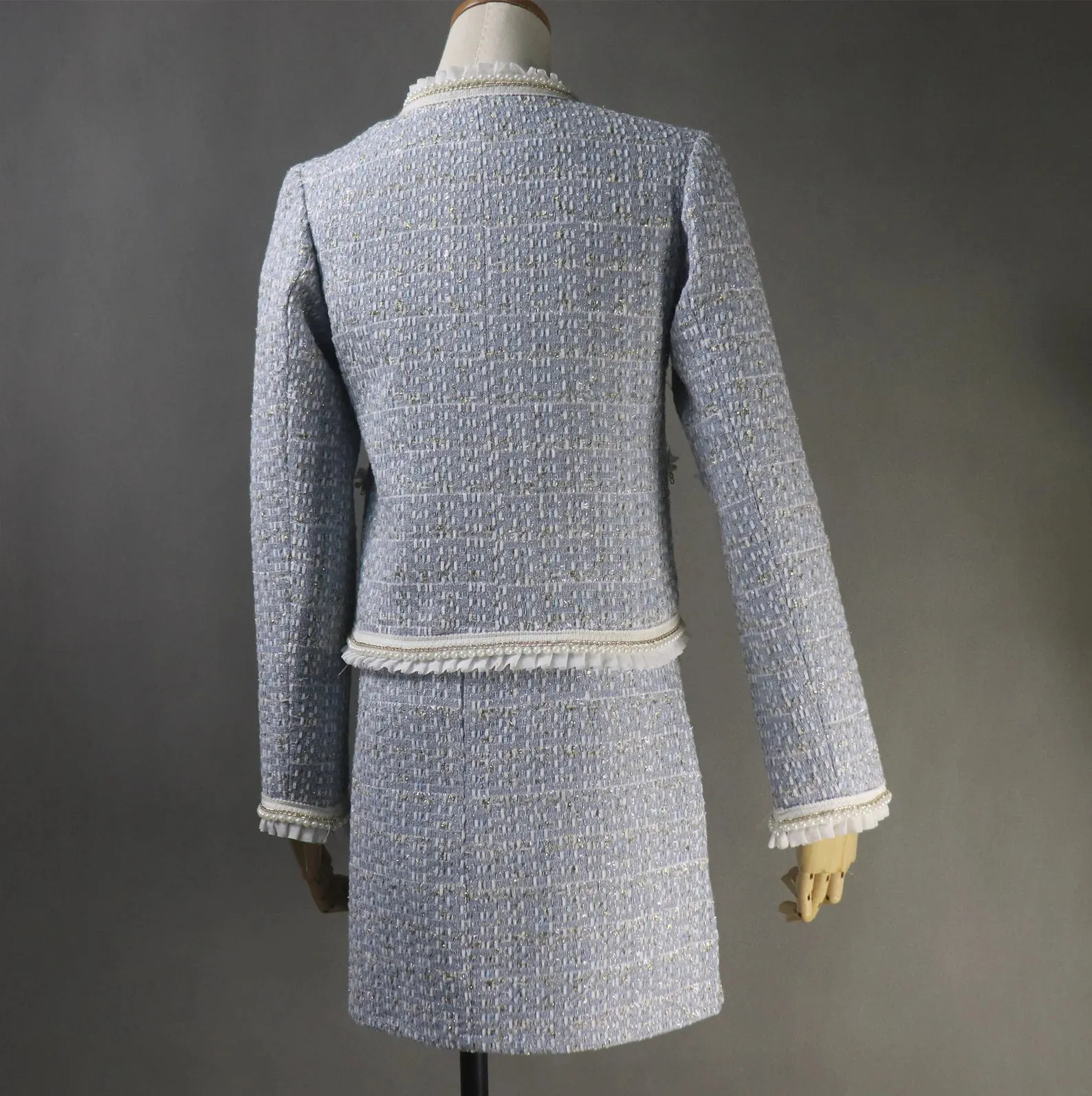 Custom Made Blue Tweed Suit with Pearl Ruffle Trim