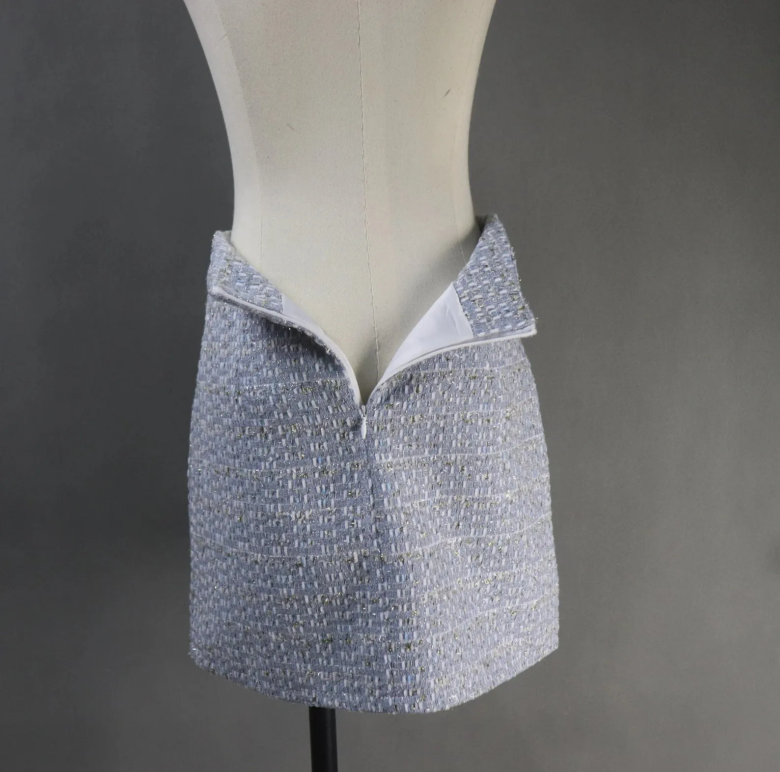 Custom Made Blue Tweed Suit with Pearl Ruffle Trim