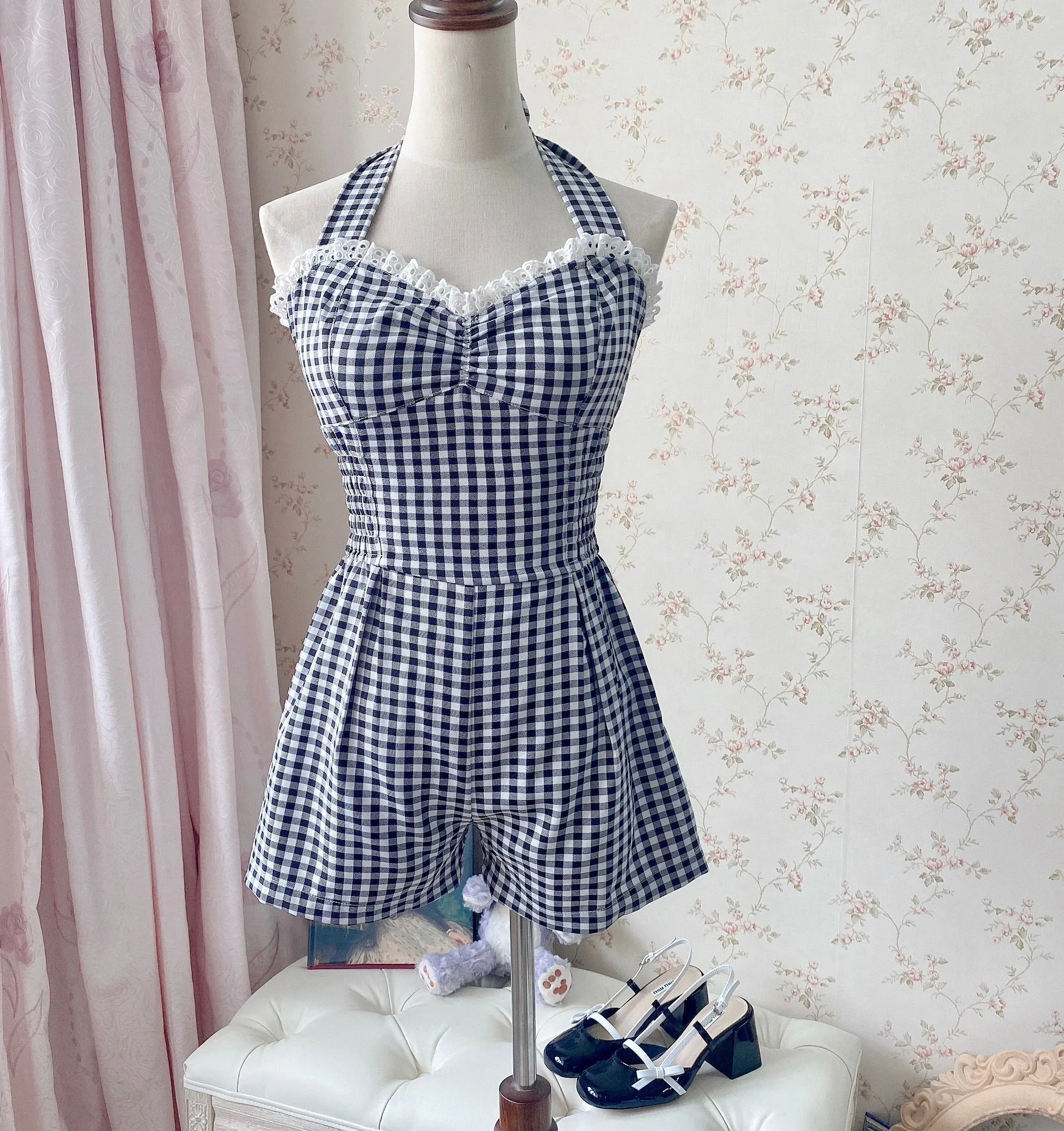 [Customized All Sizes] Sweet Sailor Gingham Babydoll Jumpsuit / dress