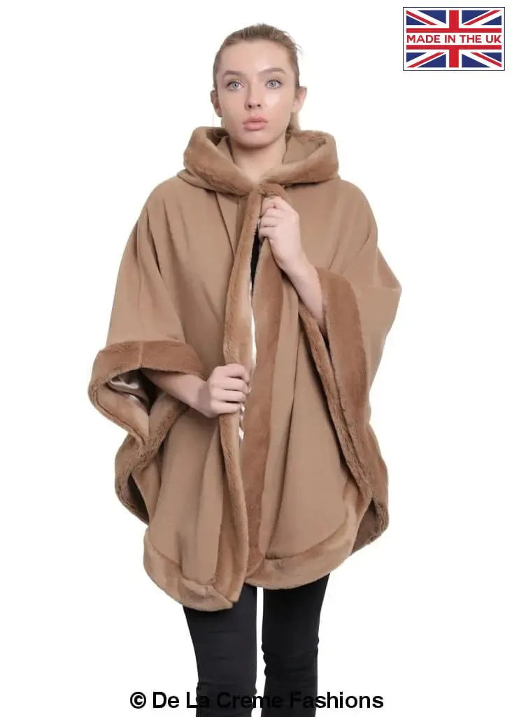 De La Creme - Womens Wool & Cashmere Blend Fur Lined Hooded Cape