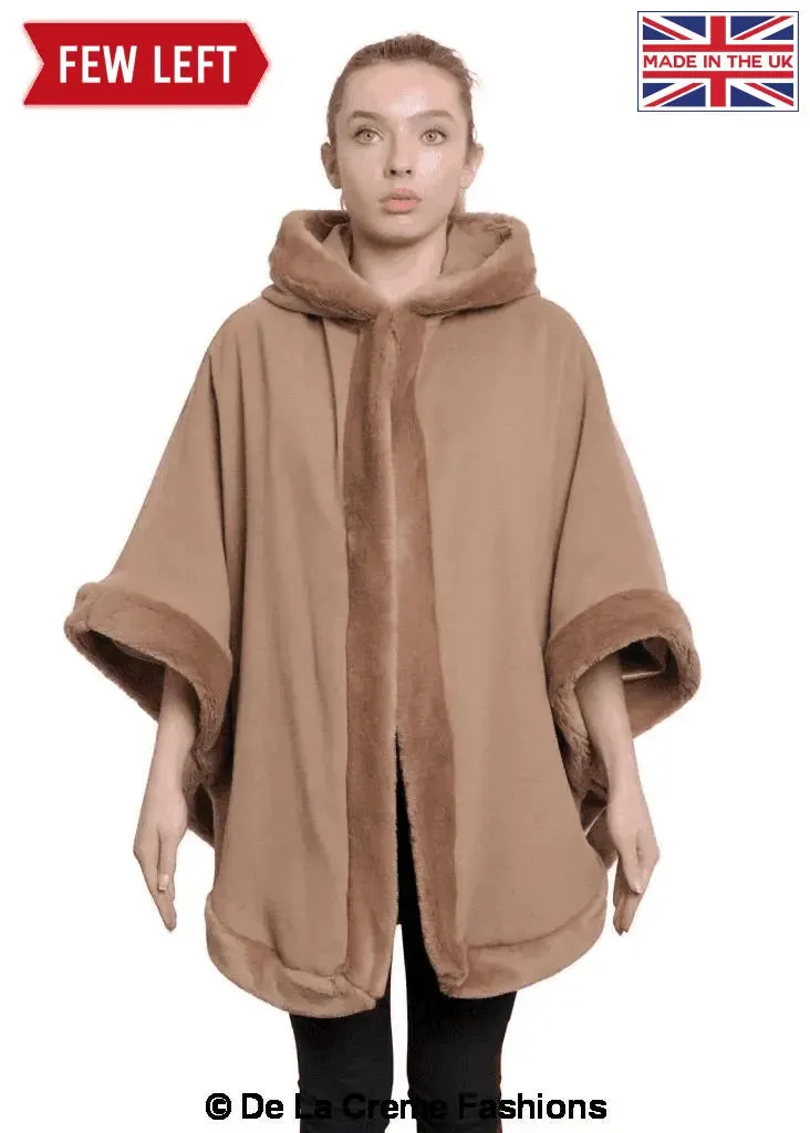 De La Creme - Womens Wool & Cashmere Blend Fur Lined Hooded Cape