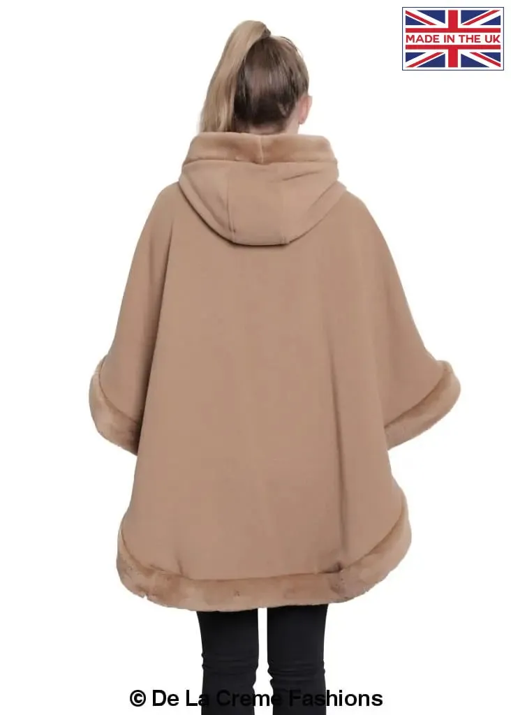 De La Creme - Womens Wool & Cashmere Blend Fur Lined Hooded Cape