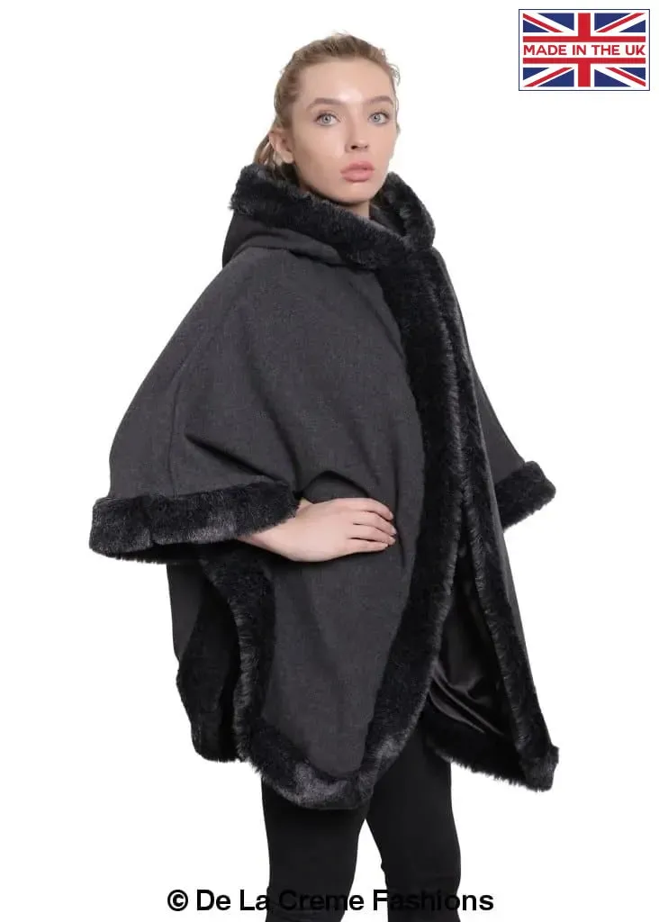 De La Creme - Womens Wool & Cashmere Blend Fur Lined Hooded Cape