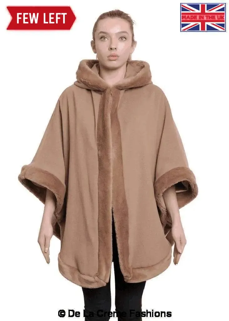 De La Creme - Womens Wool & Cashmere Blend Fur Lined Hooded Cape