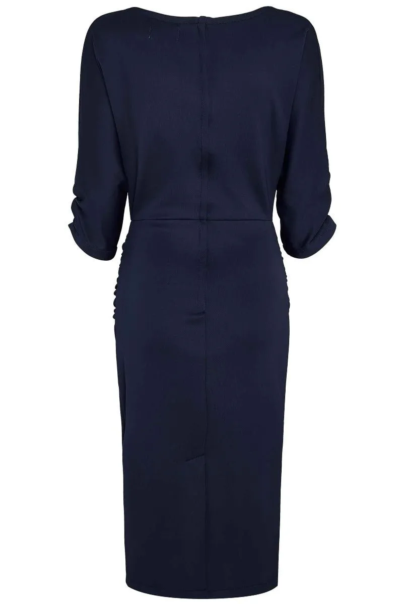 Diane Ruffled Waist & Long Sleeved Tight Wiggle Dress  Navy