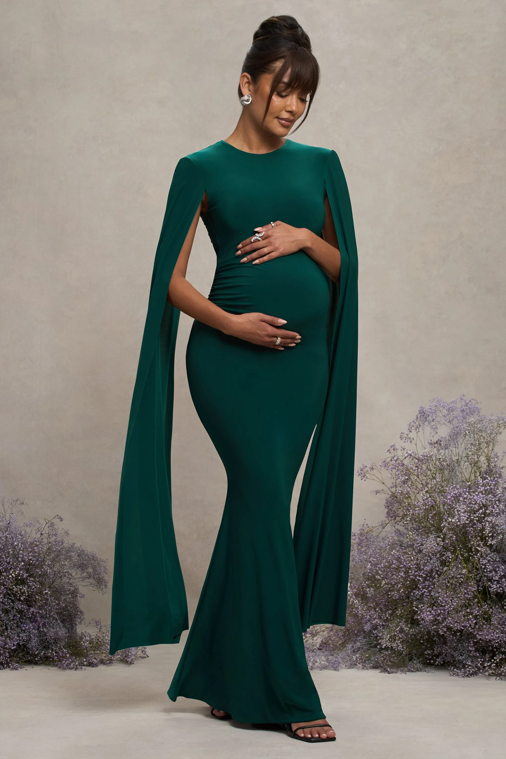 Divine Timing | Bottle Green Maternity Maxi Dress With Cape Sleeves