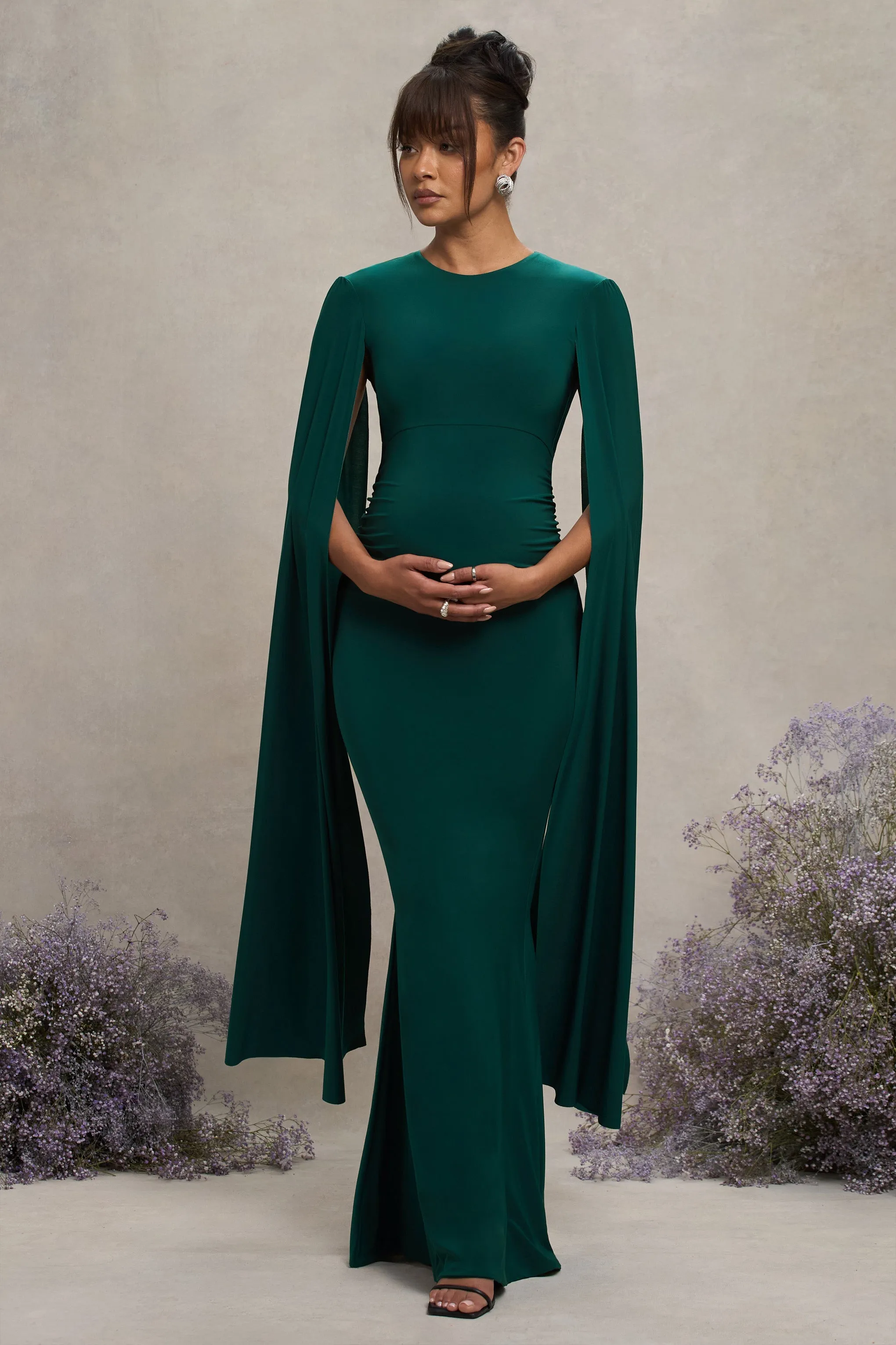 Divine Timing | Bottle Green Maternity Maxi Dress With Cape Sleeves