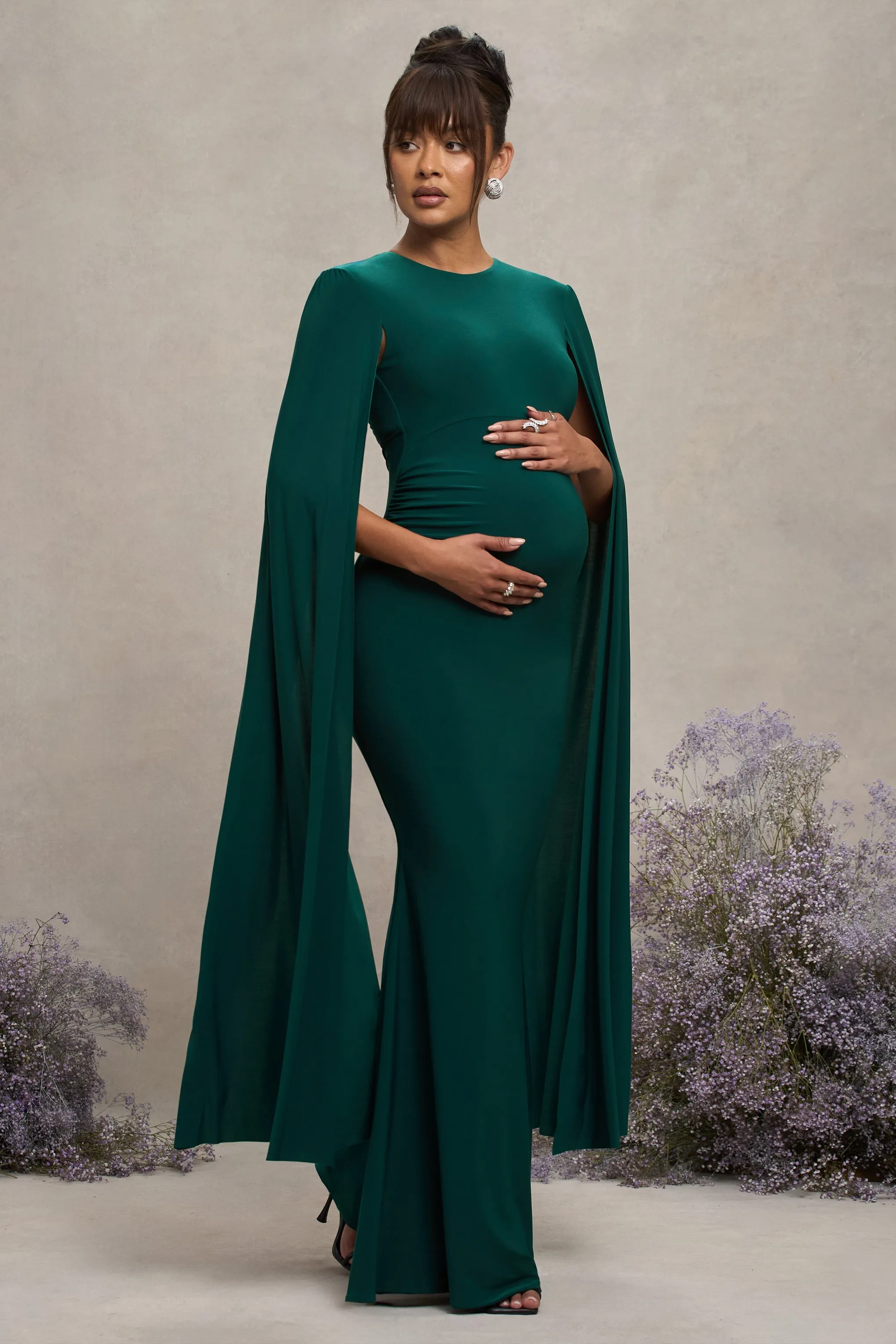 Divine Timing | Bottle Green Maternity Maxi Dress With Cape Sleeves