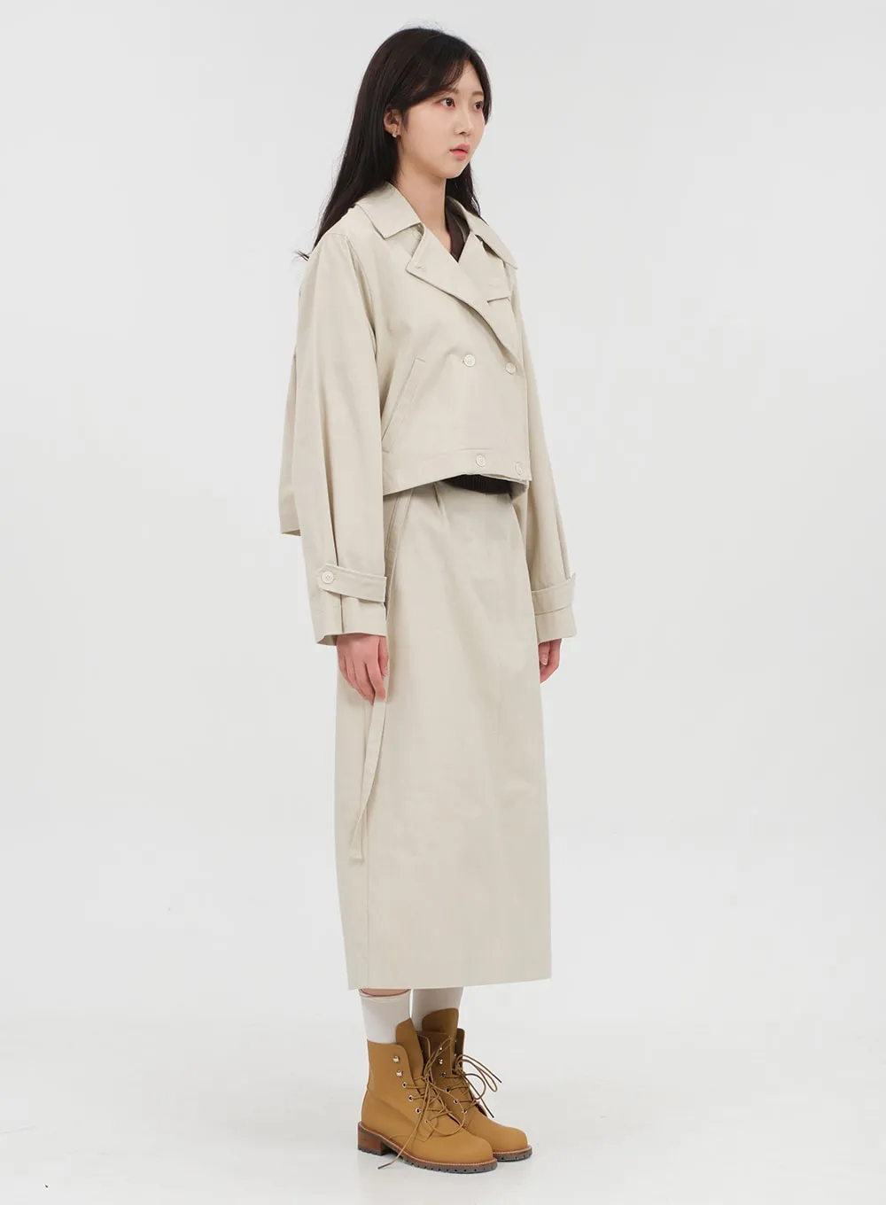 Double Button Cropped Trench Coat OA06