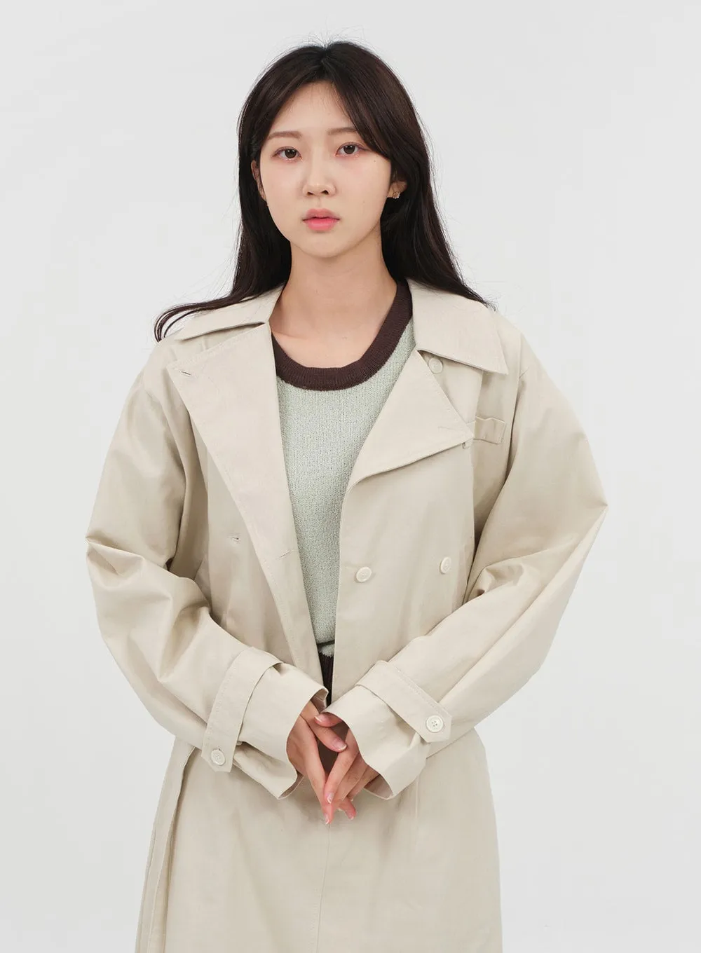 Double Button Cropped Trench Coat OA06