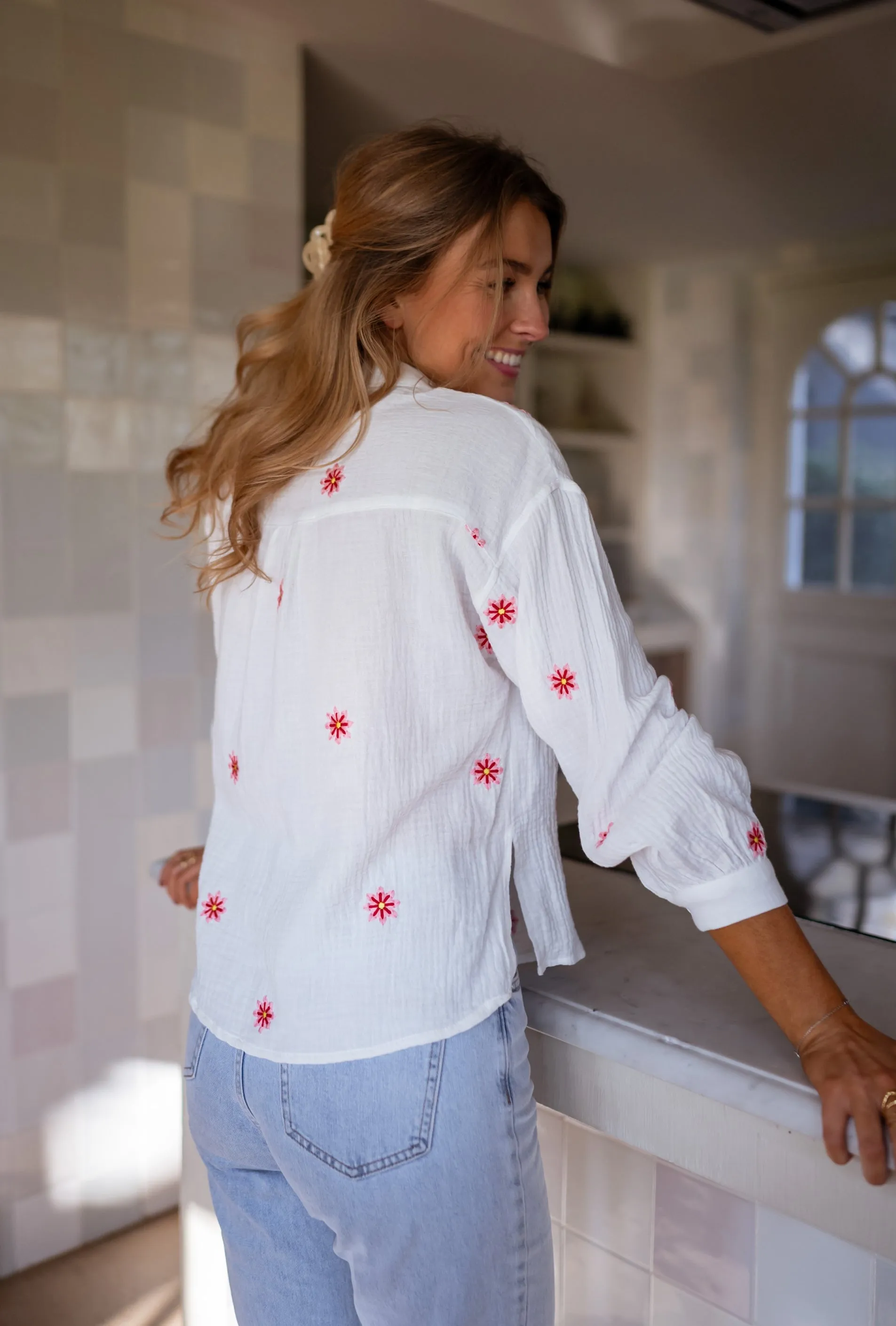 Ecru Grace Shirt with Red and Pink Floral Pattern