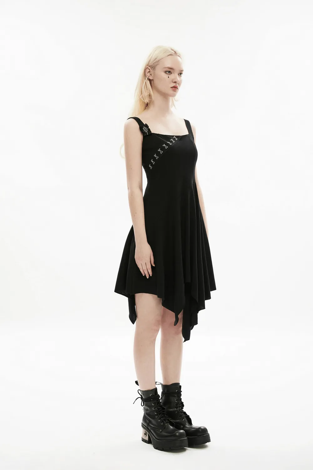 Edgy Asymmetrical Black Dress with Brooch Detail